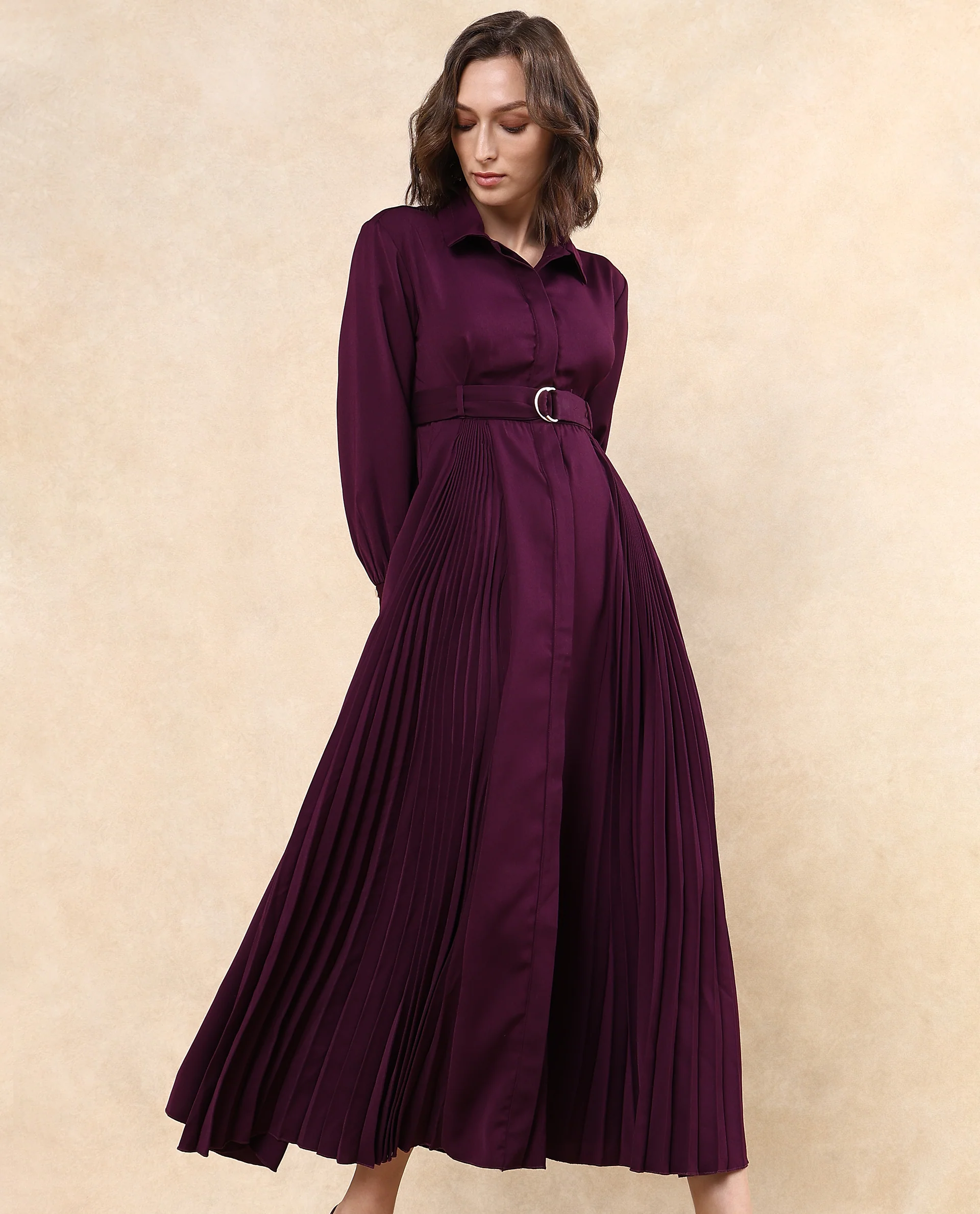 Rareism Women's Vanadzor Purple Satin Drop Collar Plain Bishop Sleeve Maxi Flared Dress - Image 4