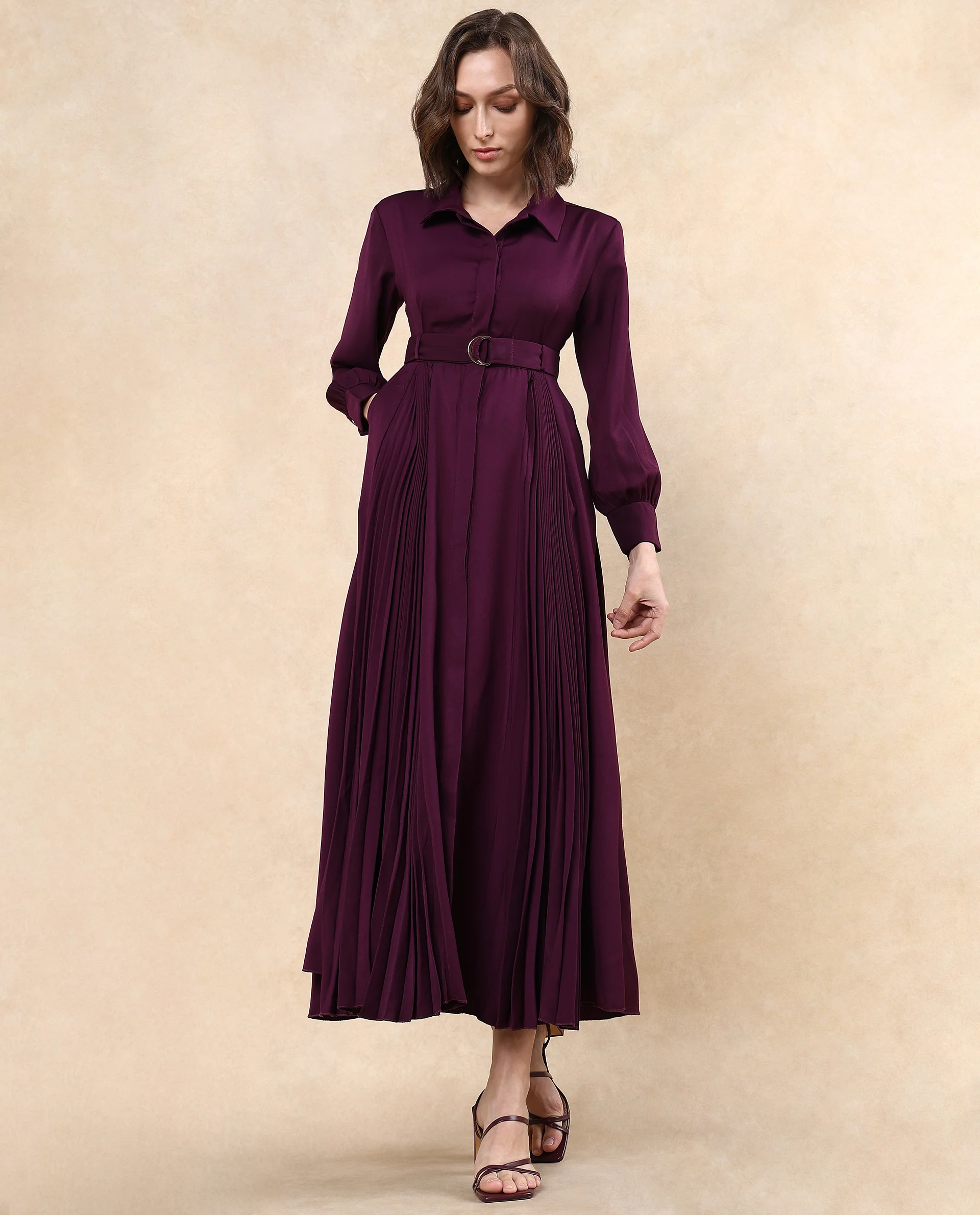 Rareism Women's Vanadzor Purple Satin Drop Collar Plain Bishop Sleeve Maxi Flared Dress - Image 5