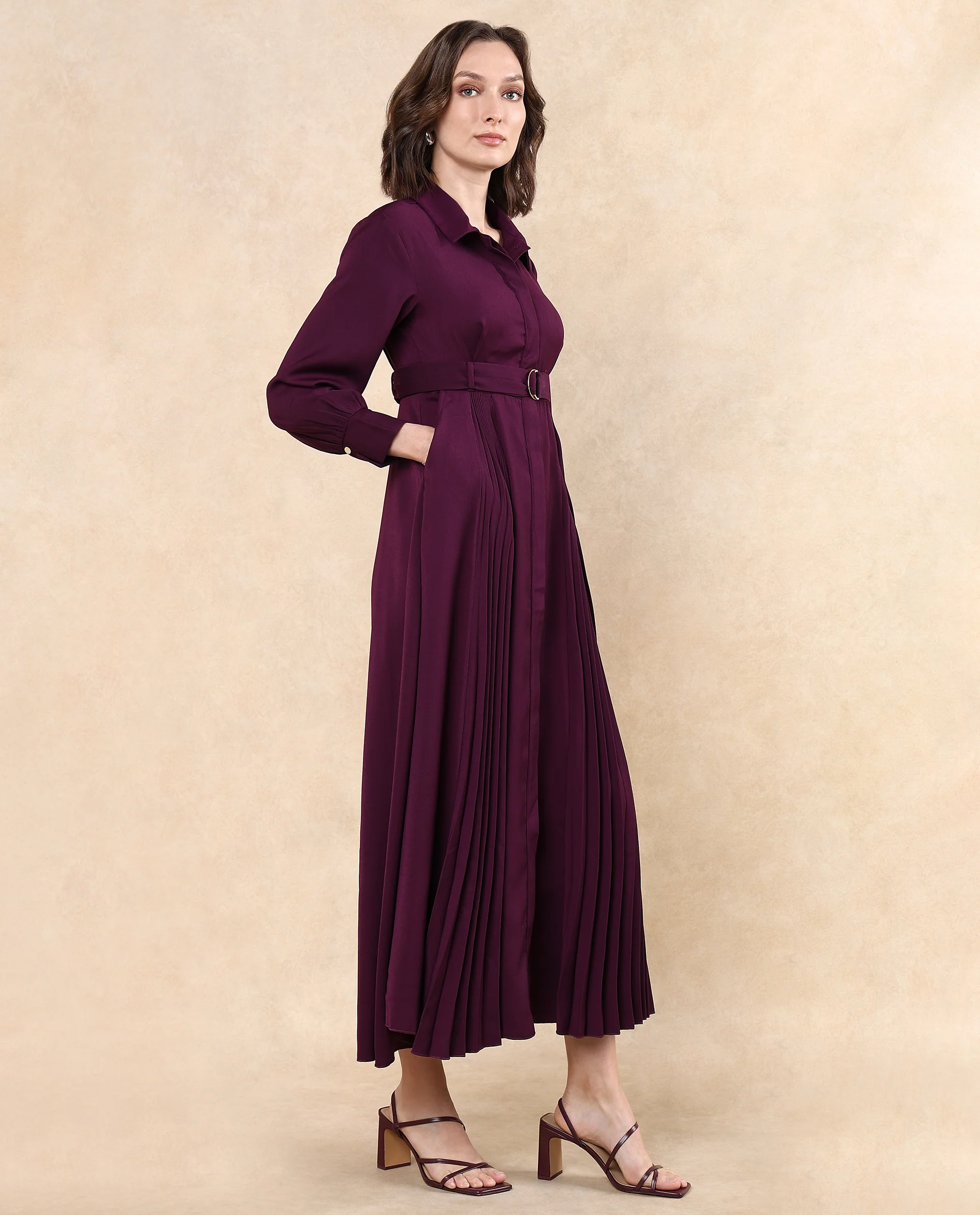 Rareism Women's Vanadzor Purple Satin Drop Collar Plain Bishop Sleeve Maxi Flared Dress - Image 6