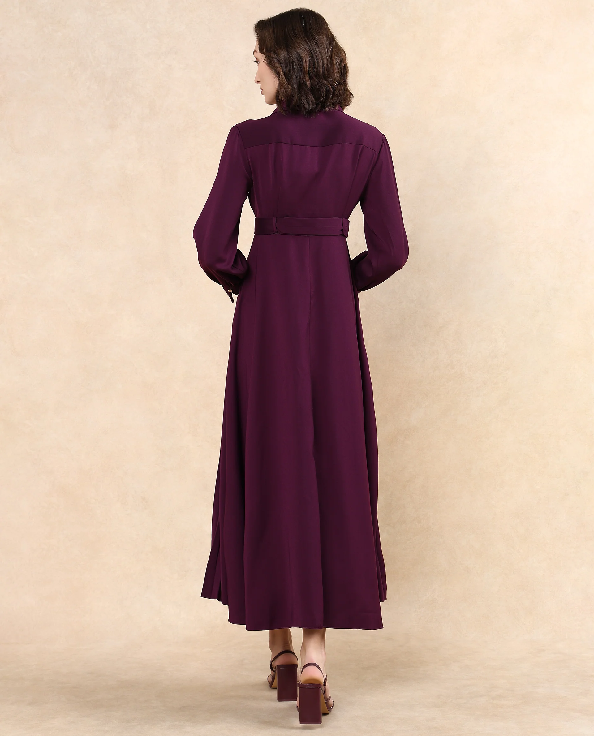 Rareism Women's Vanadzor Purple Satin Drop Collar Plain Bishop Sleeve Maxi Flared Dress - Image 7