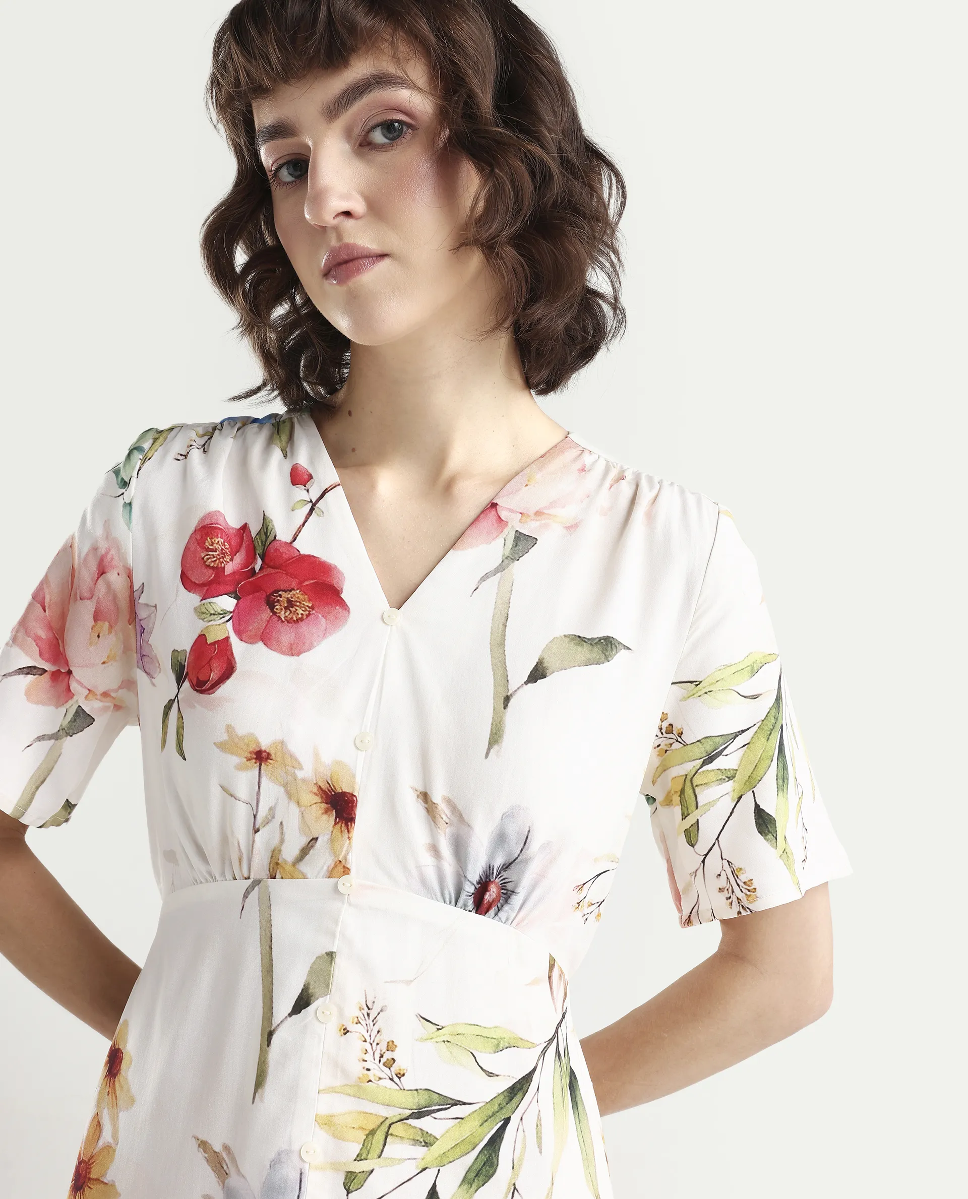 Rareism Women's Vanah Off White Viscose Half Sleeve V-Neck A-Line Floral Print Dress - Image 3