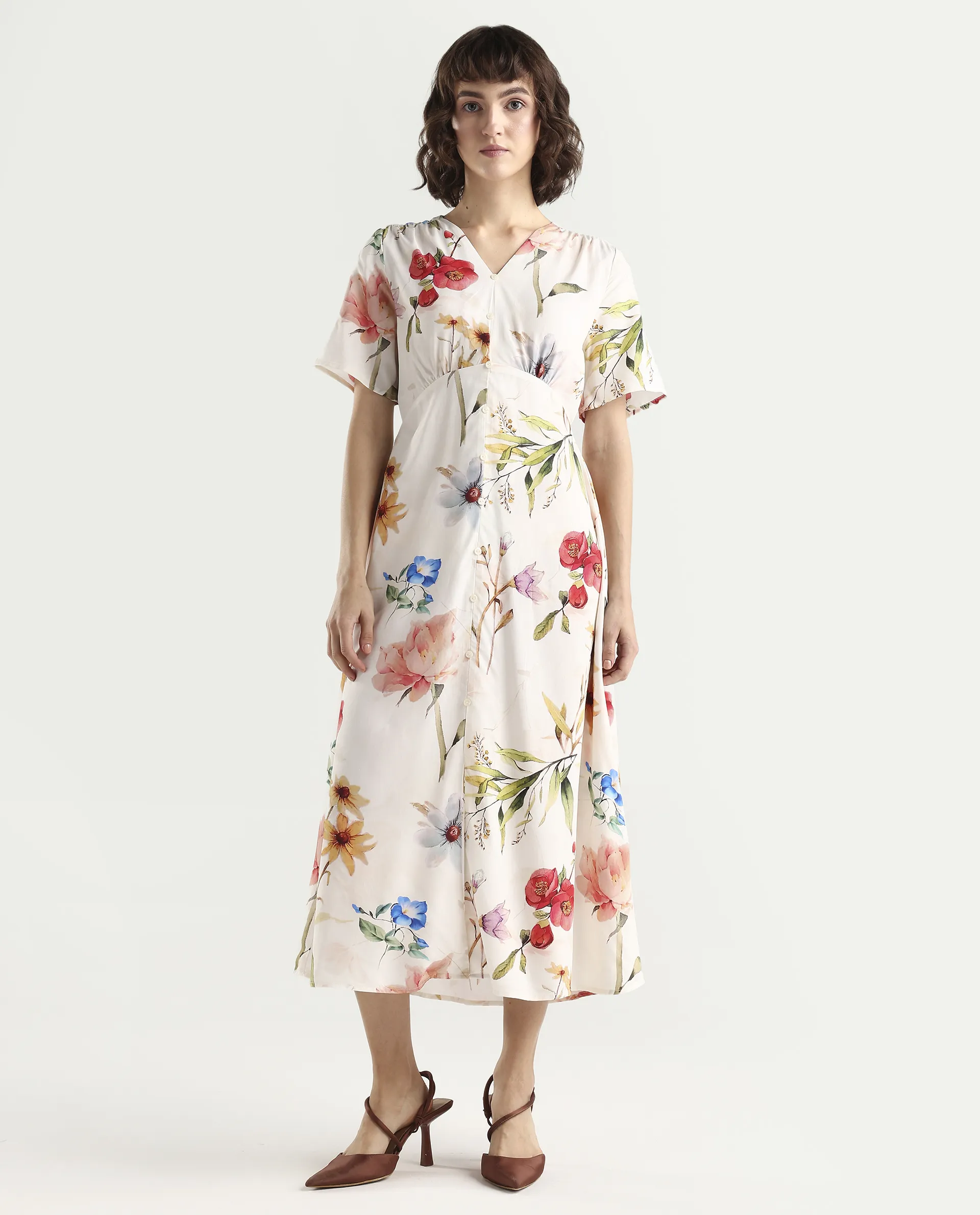 Rareism Women's Vanah Off White Viscose Half Sleeve V-Neck A-Line Floral Print Dress - Image 4