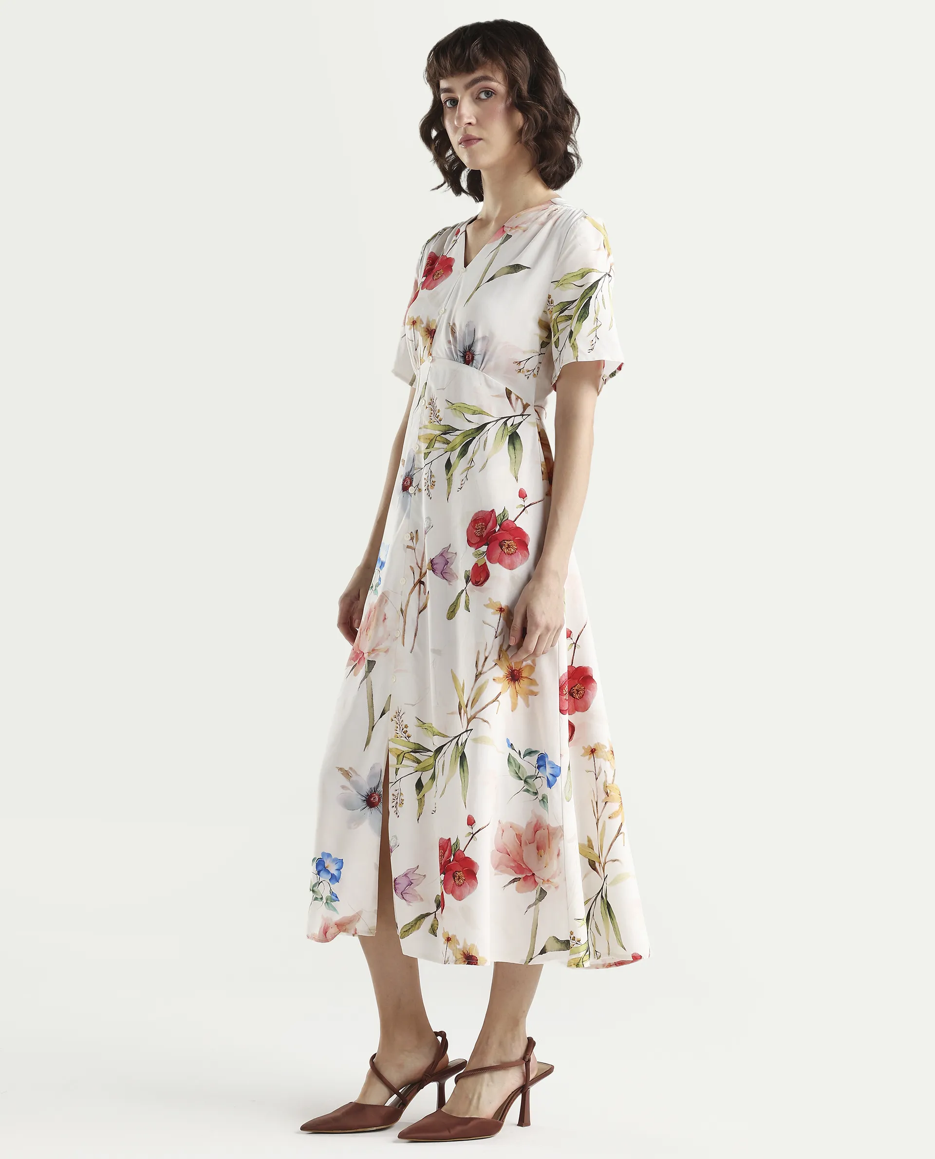 Rareism Women's Vanah Off White Viscose Half Sleeve V-Neck A-Line Floral Print Dress - Image 5