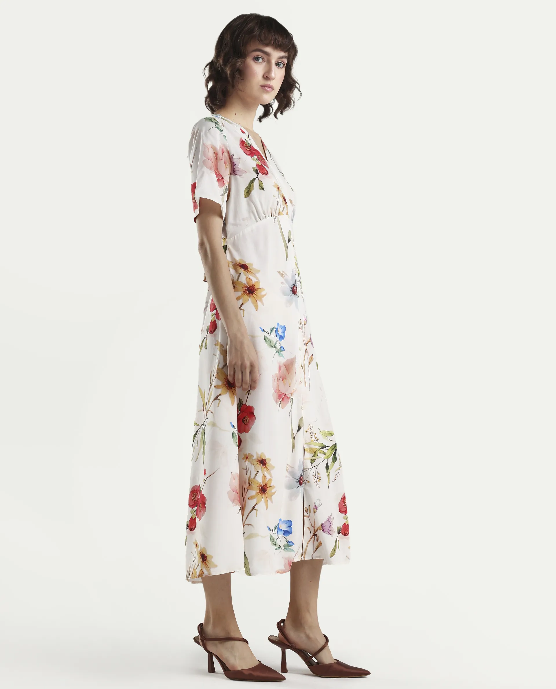 Rareism Women's Vanah Off White Viscose Half Sleeve V-Neck A-Line Floral Print Dress - Image 6
