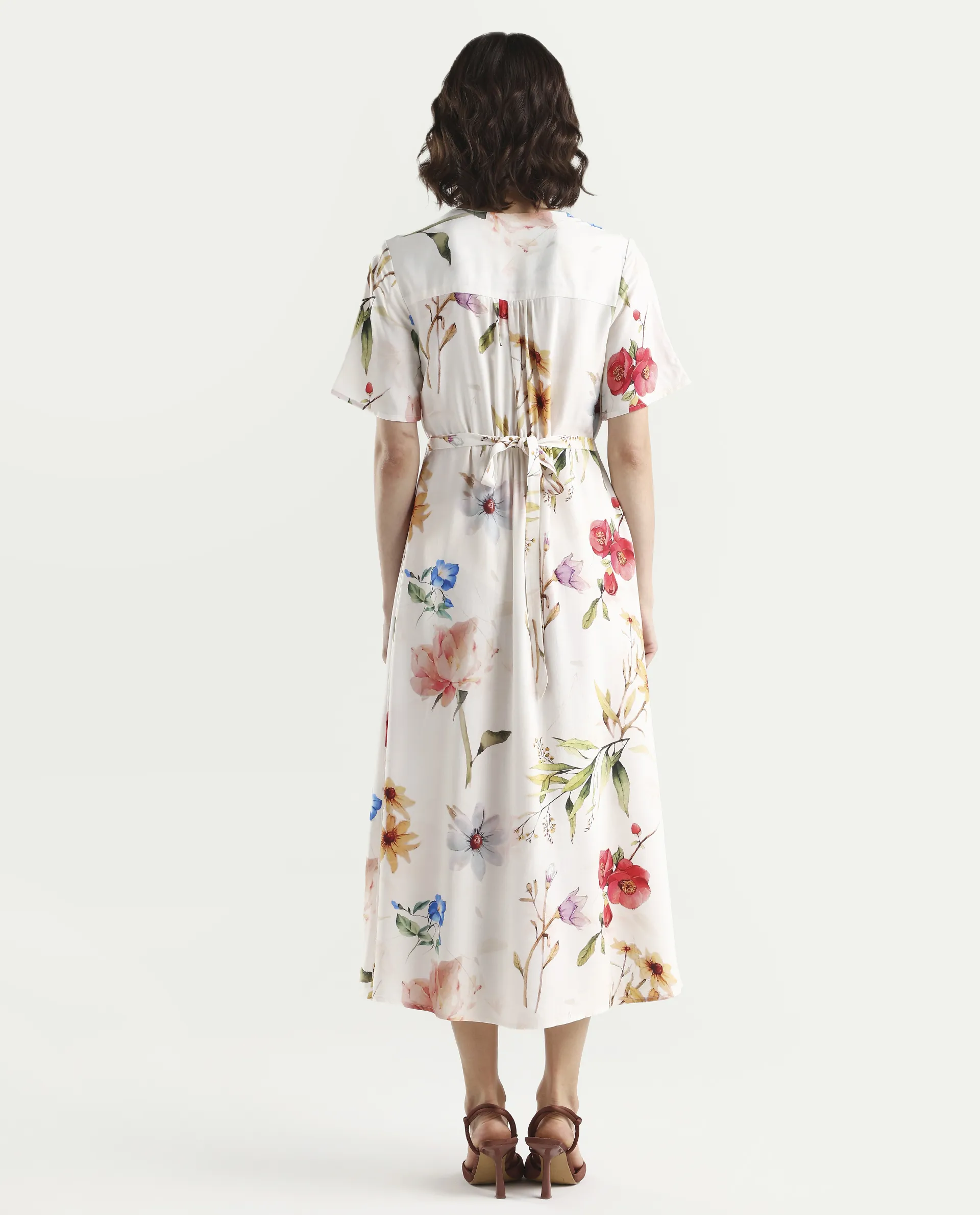 Rareism Women's Vanah Off White Viscose Half Sleeve V-Neck A-Line Floral Print Dress - Image 7