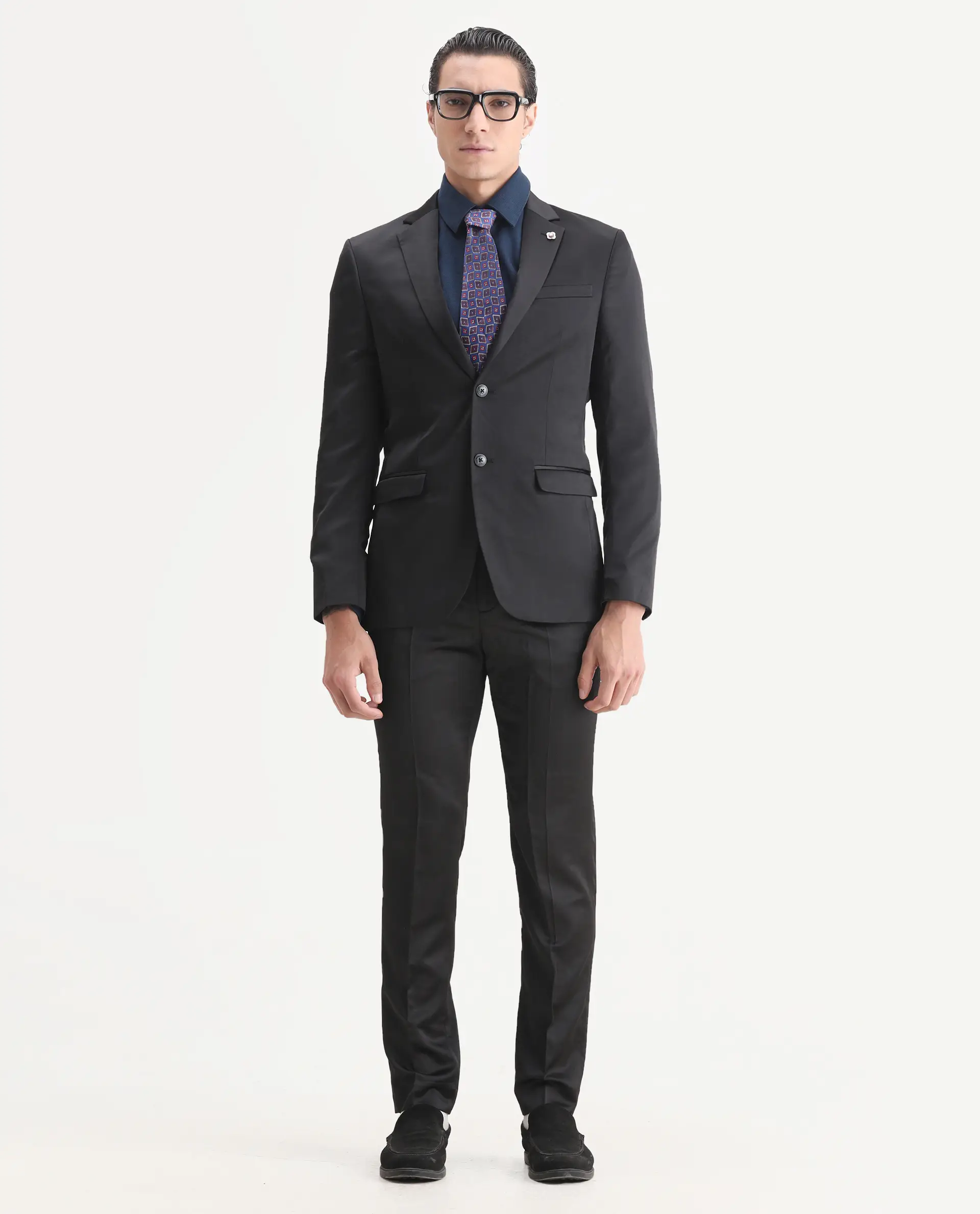 Rare Rabbit Men's Vance Black Satin Plain Tailored Fit Full Sleeve Lapel Neck Suits