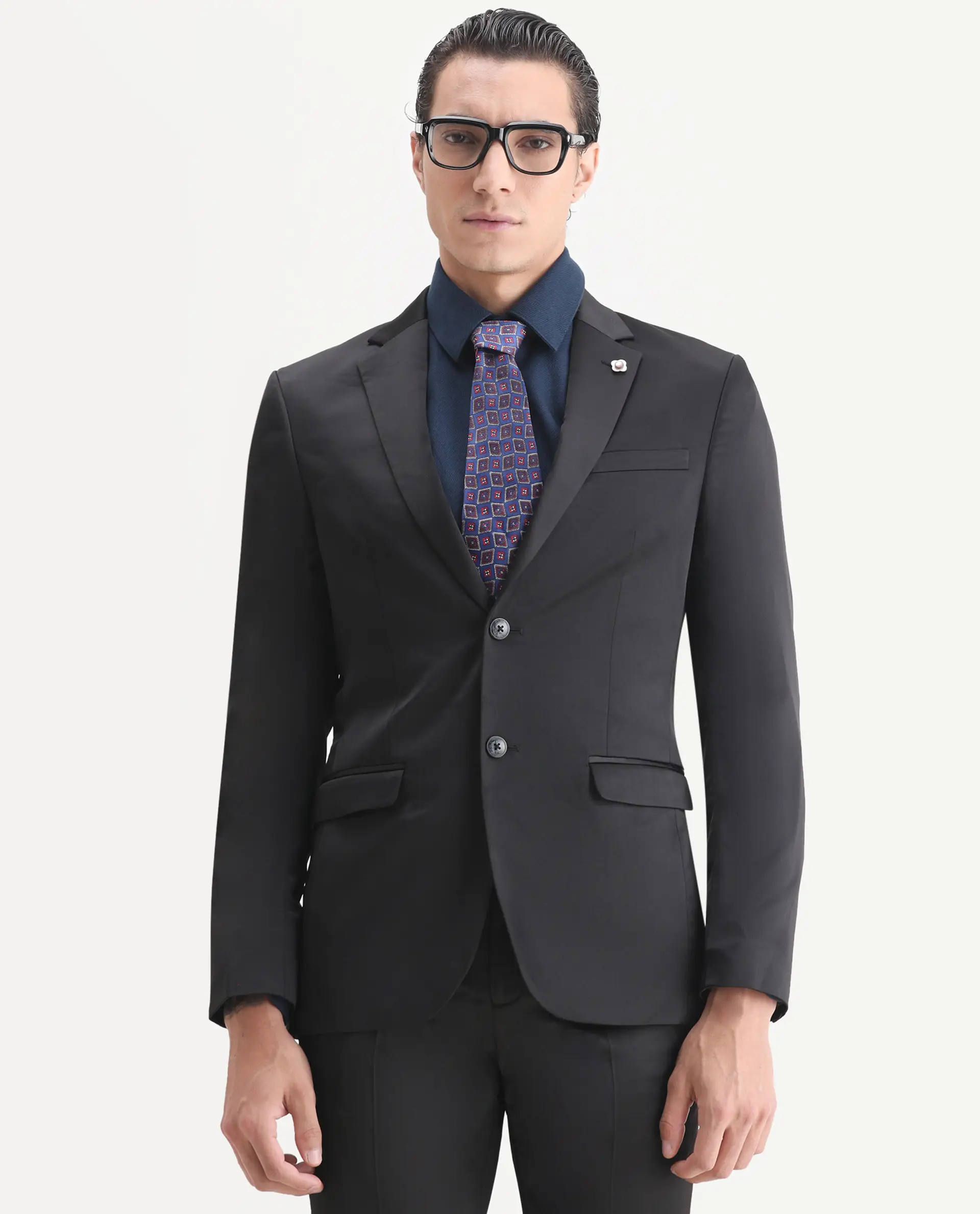 Rare Rabbit Men's Vance Black Satin Plain Tailored Fit Full Sleeve Lapel Neck Suits - Image 2
