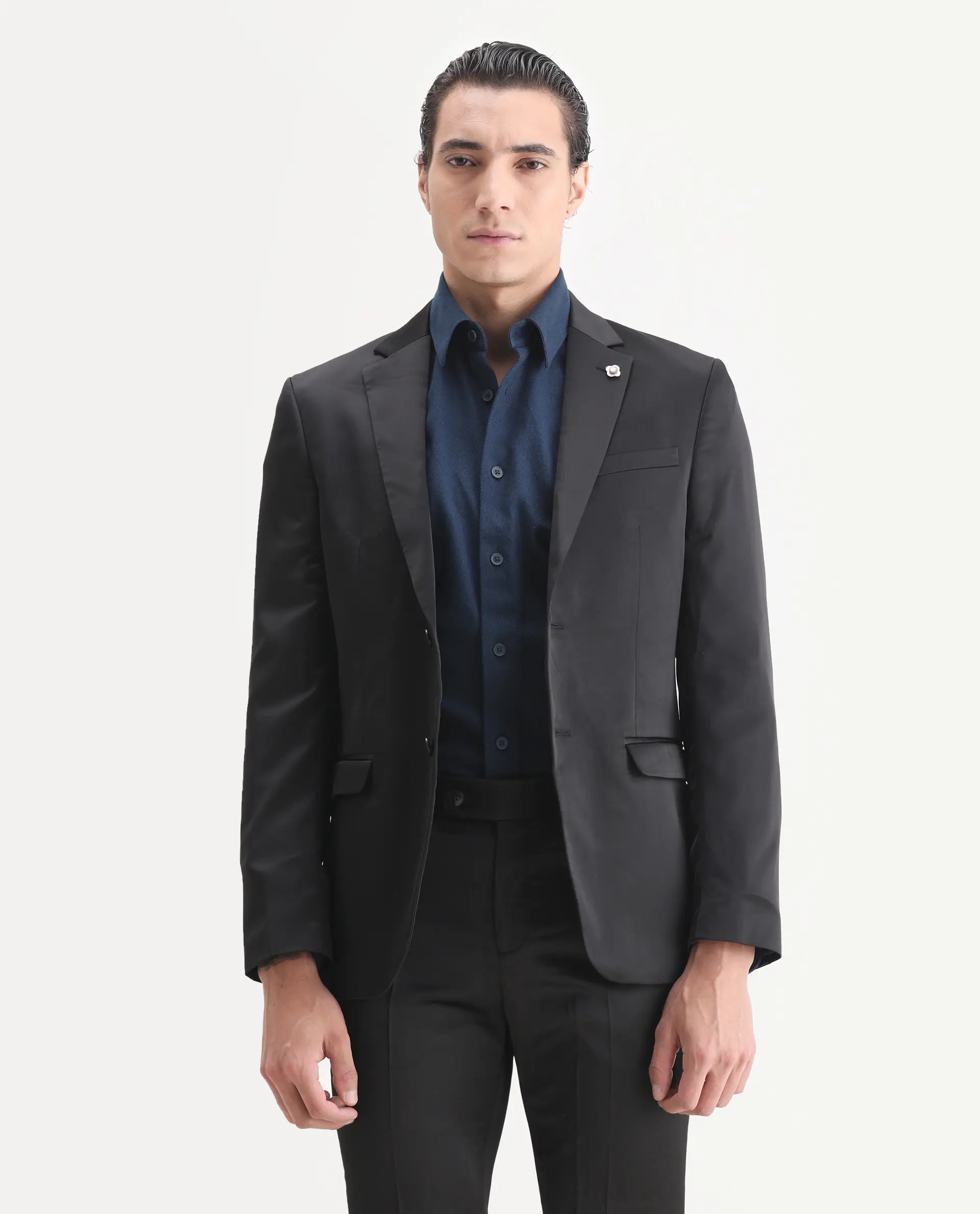 Rare Rabbit Men's Vance Black Satin Plain Tailored Fit Full Sleeve Lapel Neck Suits - Image 4