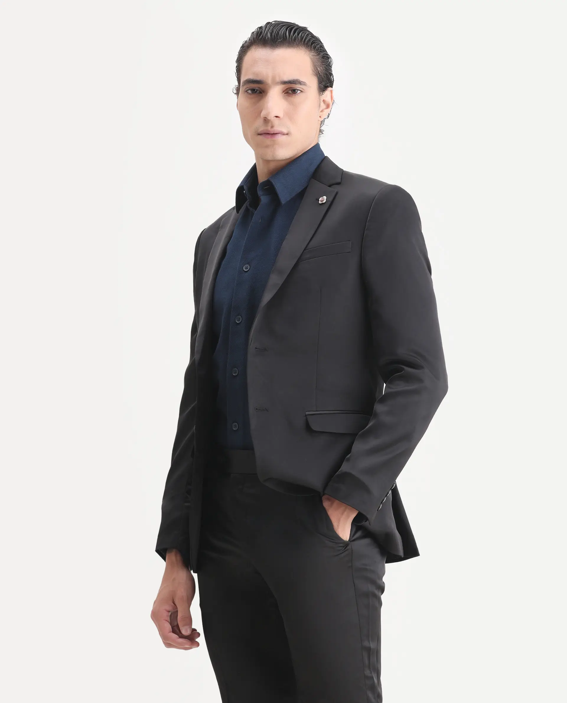 Rare Rabbit Men's Vance Black Satin Plain Tailored Fit Full Sleeve Lapel Neck Suits - Image 5