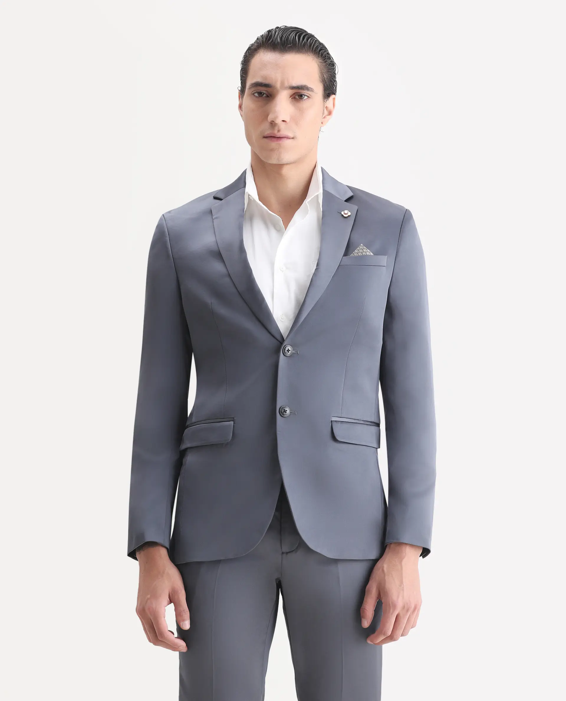 Rare Rabbit Men's Vance Dark Grey Satin Plain Tailored Fit Full Sleeve Lapel Neck Suits - Image 2