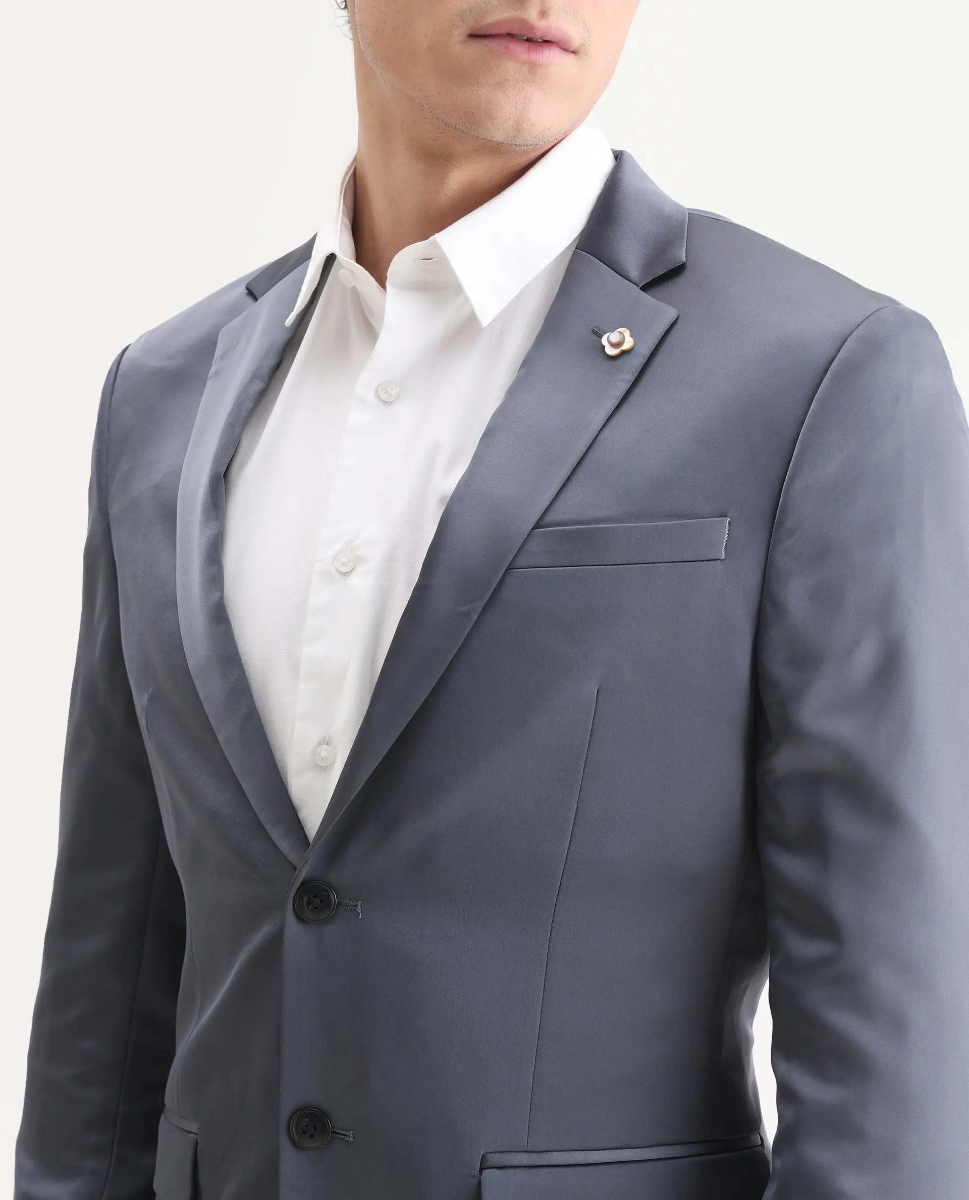 Rare Rabbit Men's Vance Dark Grey Satin Plain Tailored Fit Full Sleeve Lapel Neck Suits - Image 4