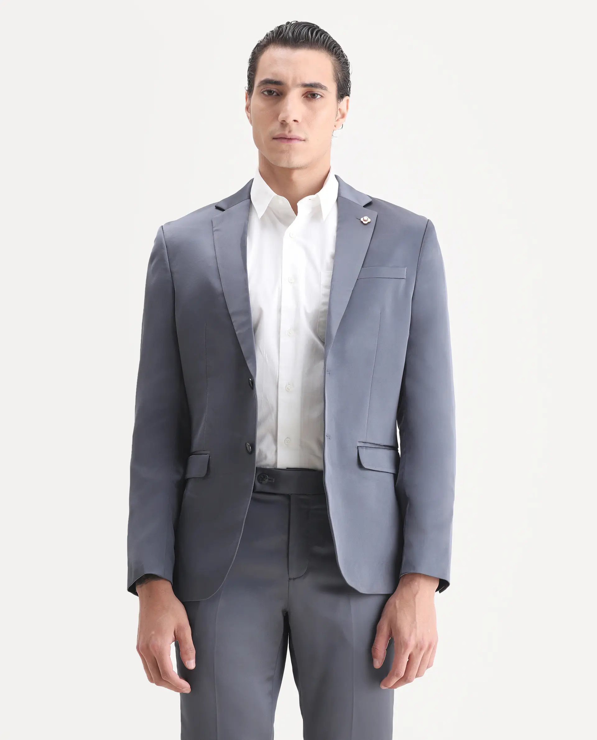 Rare Rabbit Men's Vance Dark Grey Satin Plain Tailored Fit Full Sleeve Lapel Neck Suits - Image 5