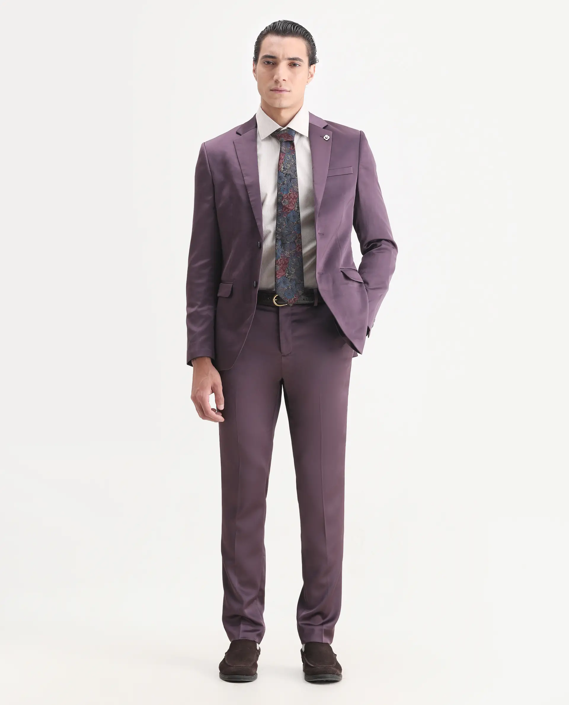 Rare Rabbit Men's Vance Dark Purple Satin Plain Tailored Fit Full Sleeve Lapel Neck Suits