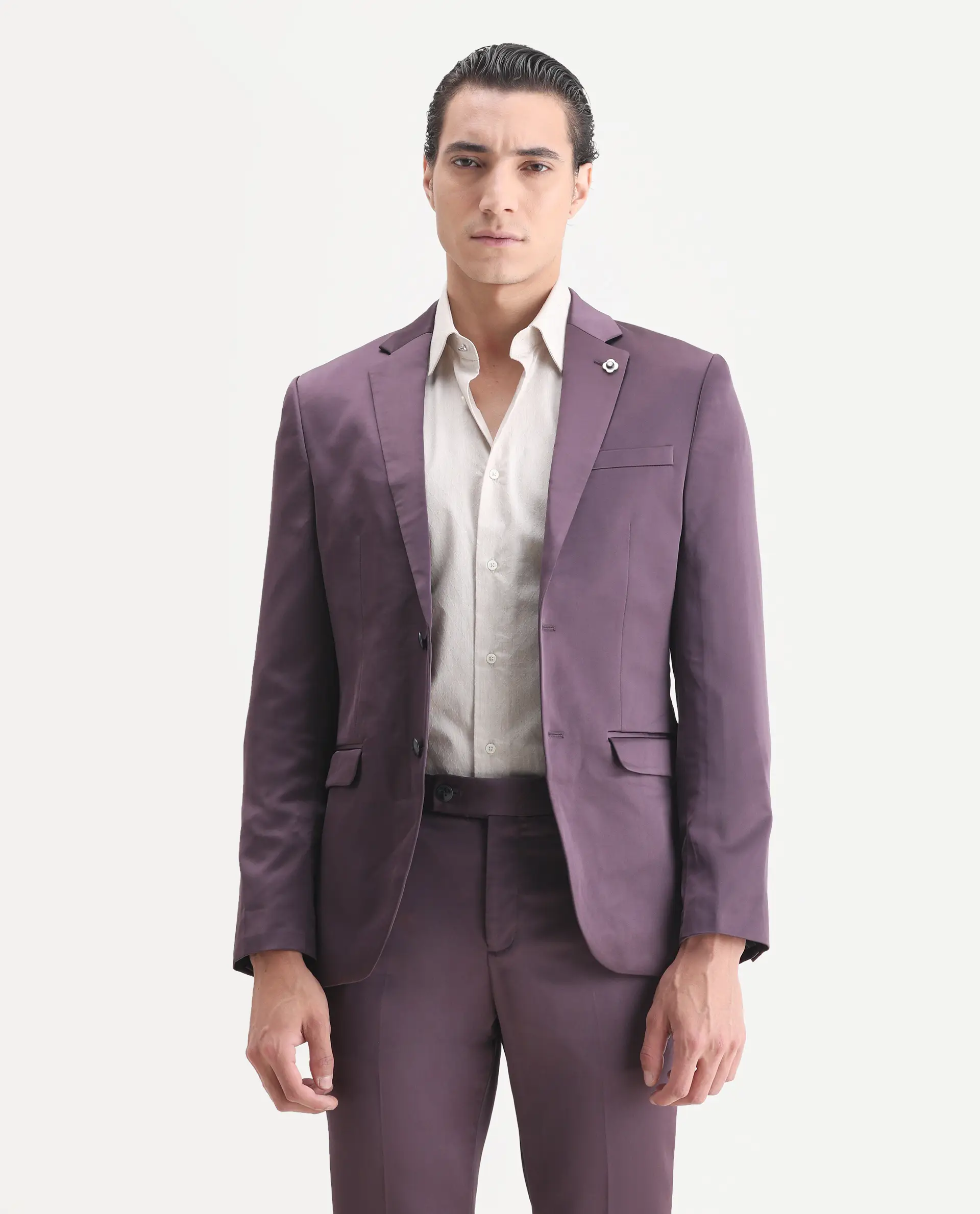 Rare Rabbit Men's Vance Dark Purple Satin Plain Tailored Fit Full Sleeve Lapel Neck Suits - Image 2