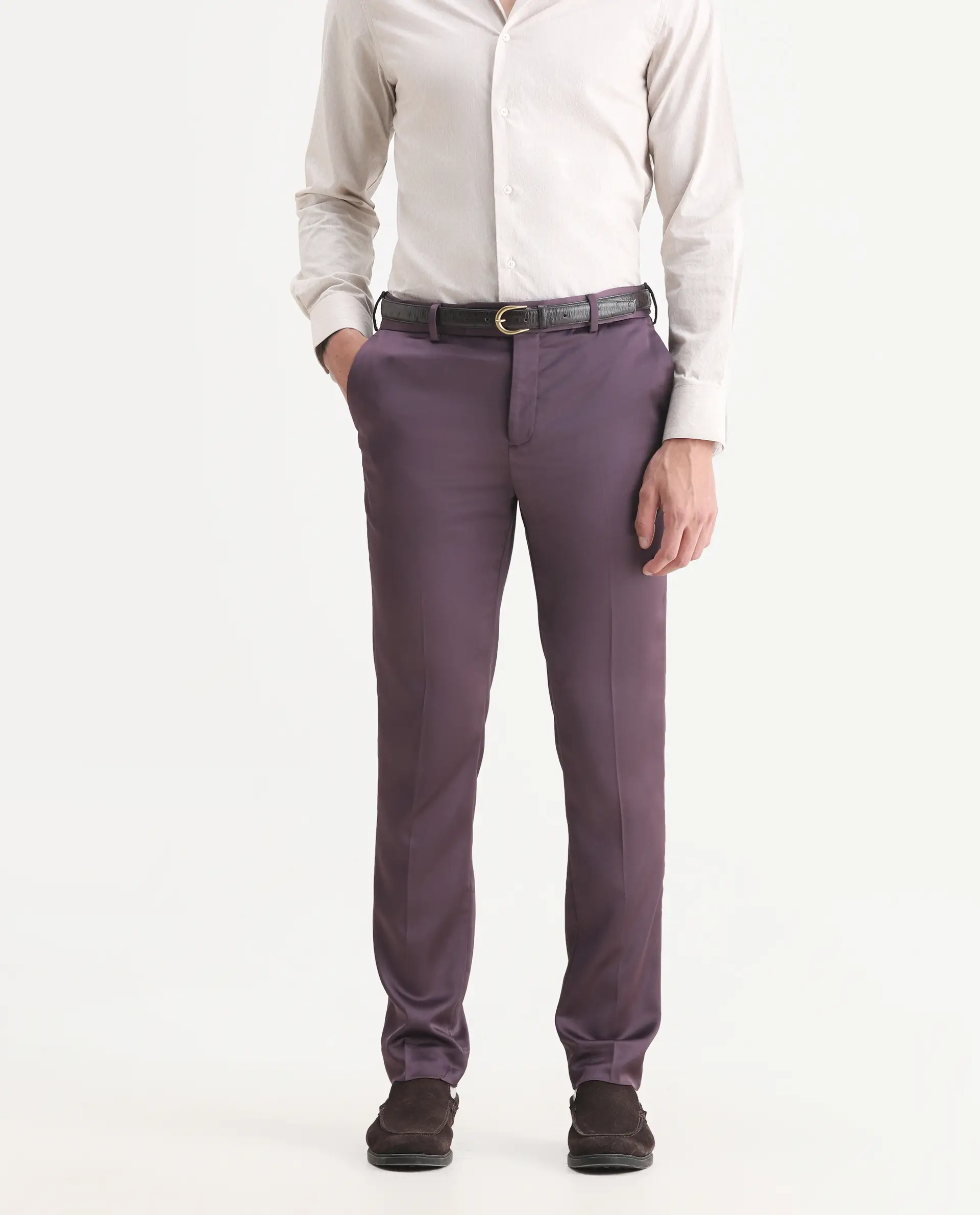 Rare Rabbit Men's Vance Dark Purple Satin Plain Tailored Fit Full Sleeve Lapel Neck Suits - Image 4