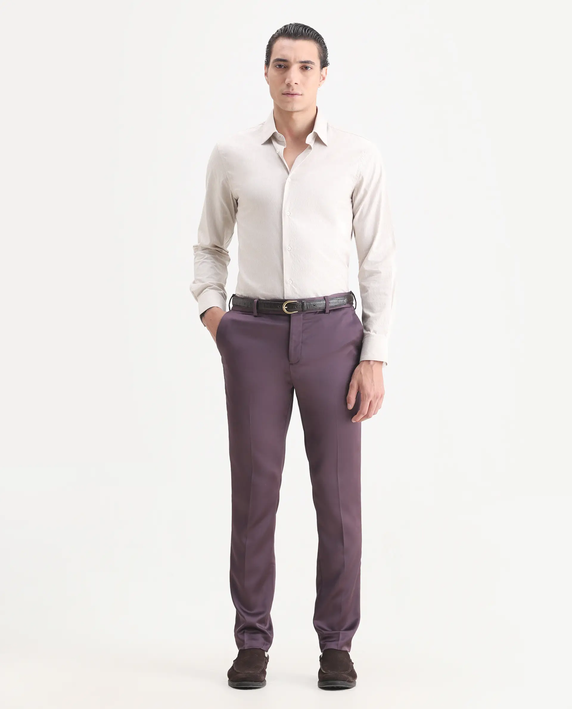 Rare Rabbit Men's Vance Dark Purple Satin Plain Tailored Fit Full Sleeve Lapel Neck Suits - Image 5