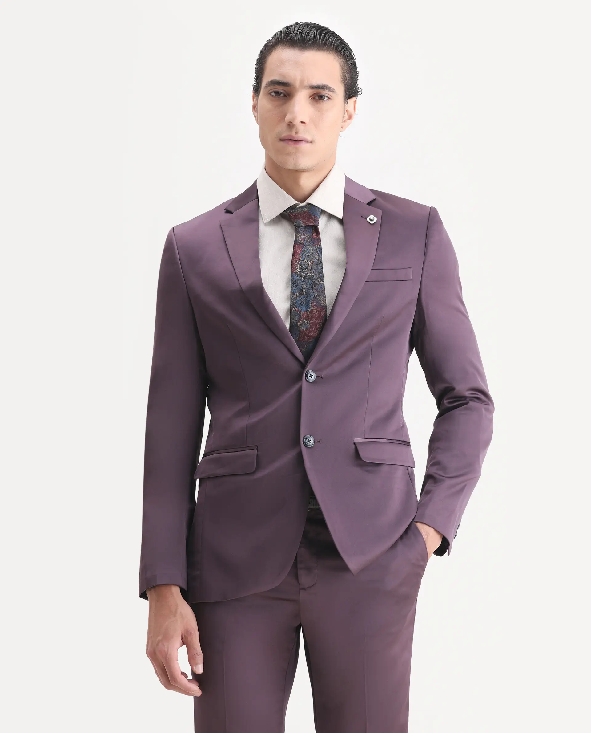 Rare Rabbit Men's Vance Dark Purple Satin Plain Tailored Fit Full Sleeve Lapel Neck Suits - Image 6