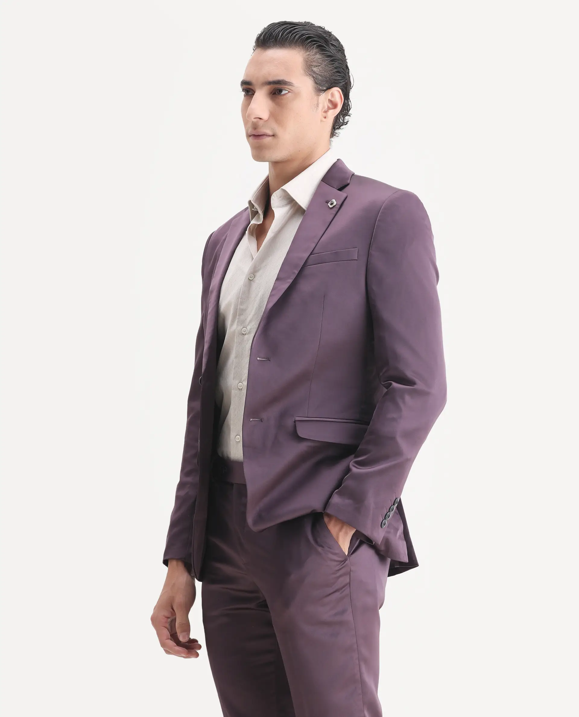 Rare Rabbit Men's Vance Dark Purple Satin Plain Tailored Fit Full Sleeve Lapel Neck Suits - Image 7