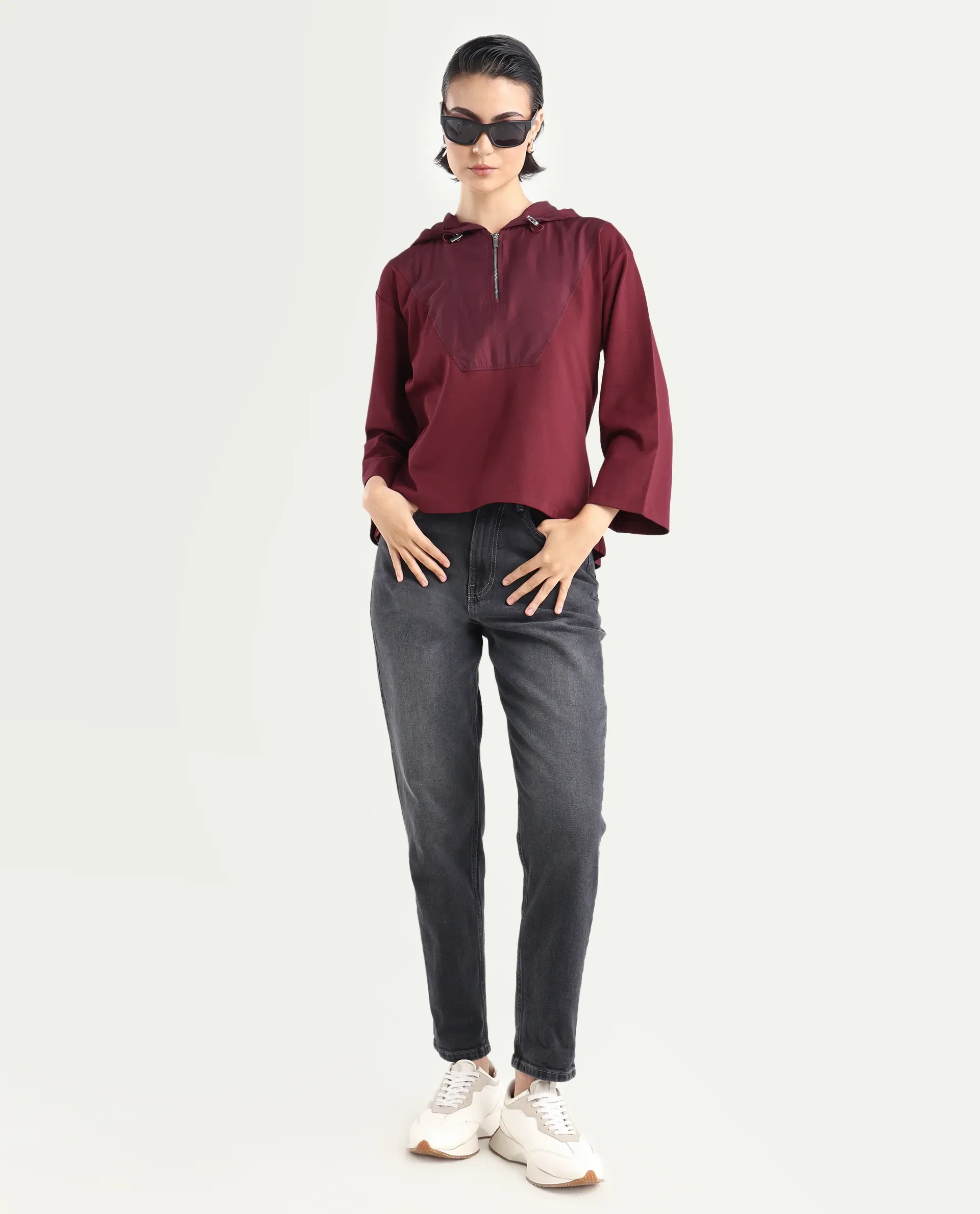 Rareism Women's Vancouver Maroon Cotton Blend Hooded Plain Relaxed Fit Sweatshirt - Image 2