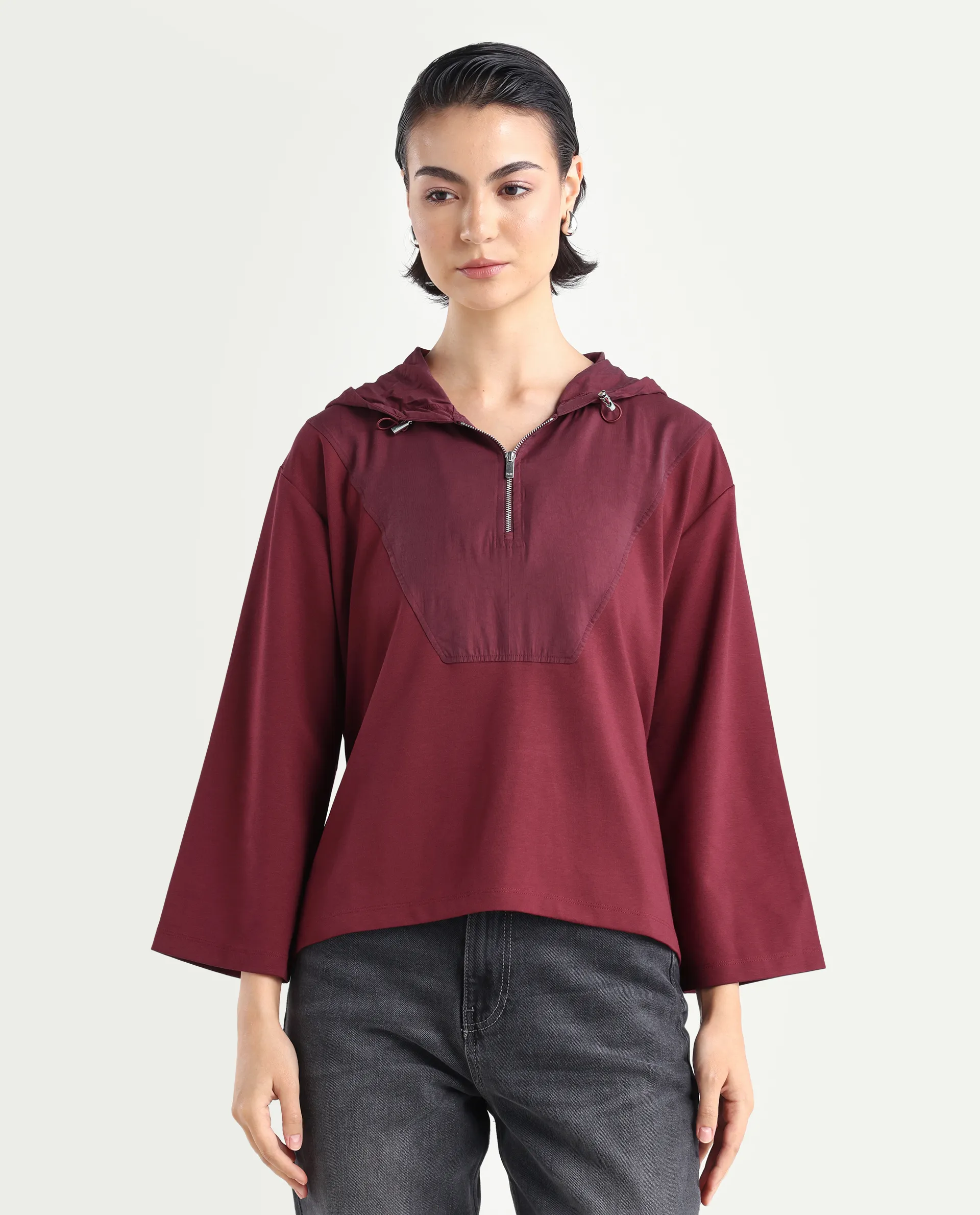 Rareism Women's Vancouver Maroon Cotton Blend Hooded Plain Relaxed Fit Sweatshirt - Image 3