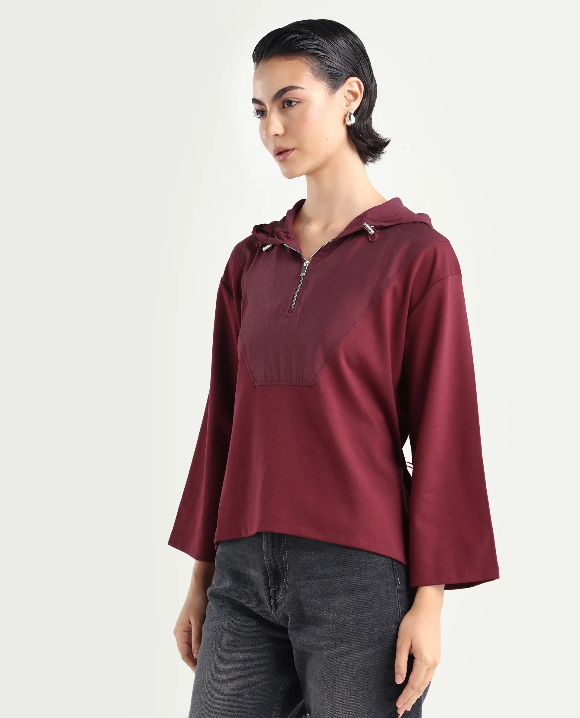 Rareism Women's Vancouver Maroon Cotton Blend Hooded Plain Relaxed Fit Sweatshirt - Image 5