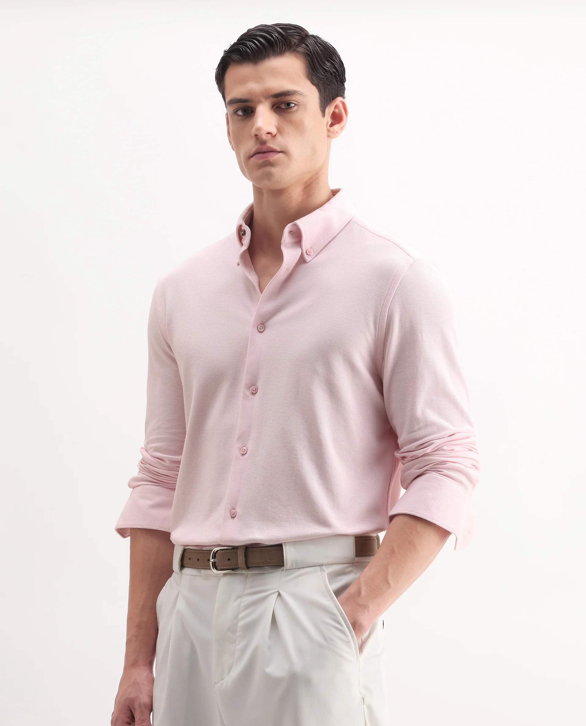Rare Rabbit Men's Vane-25 Light Pink Cotton Plain Regular Fit Full Sleeve Button-Down Collar Shirt - Image 6