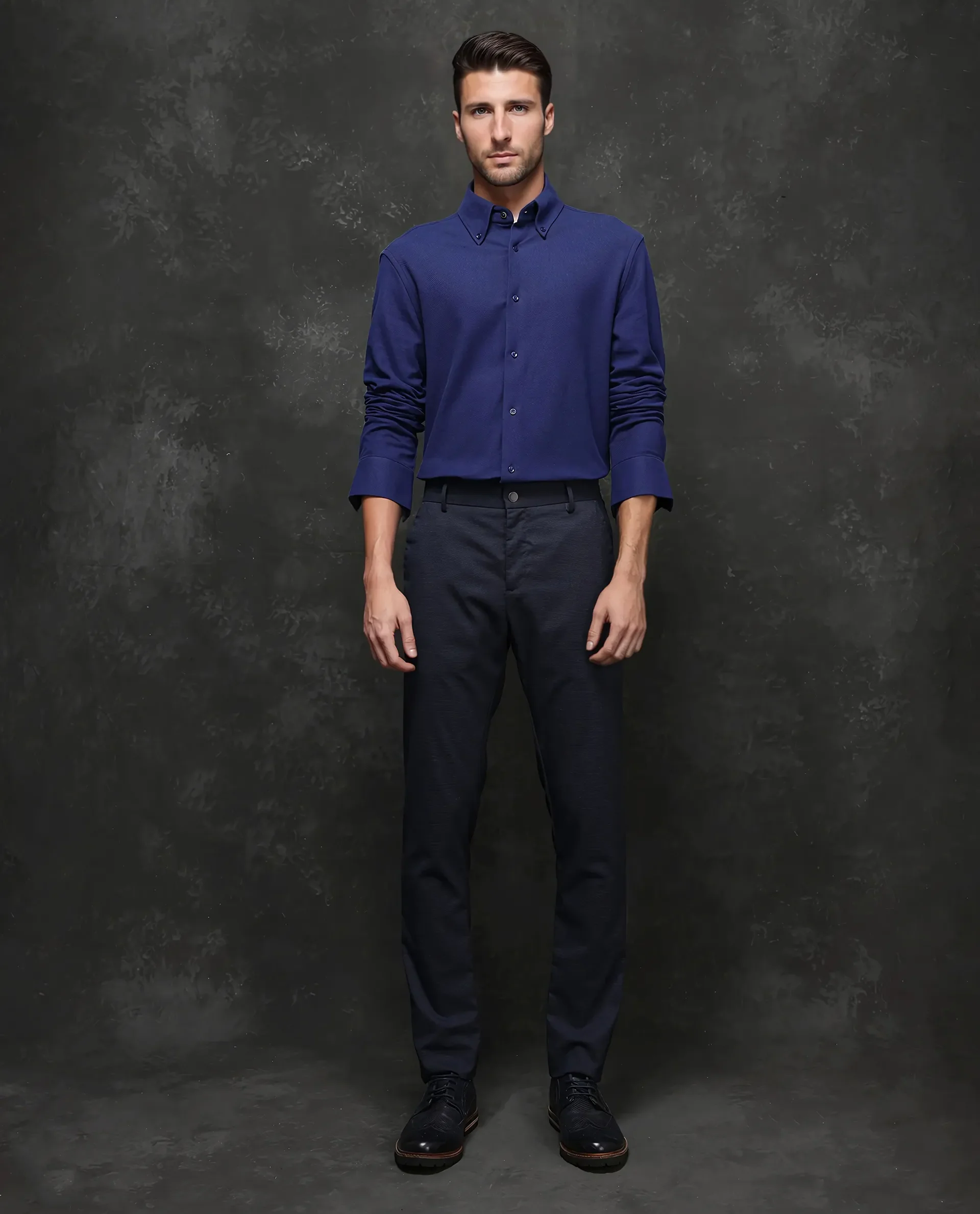 Rare Rabbit Men's Vane Dark Blue Cotton Plain Regular Fit Full Sleeve Button-Down Collar Shirt - Image 2