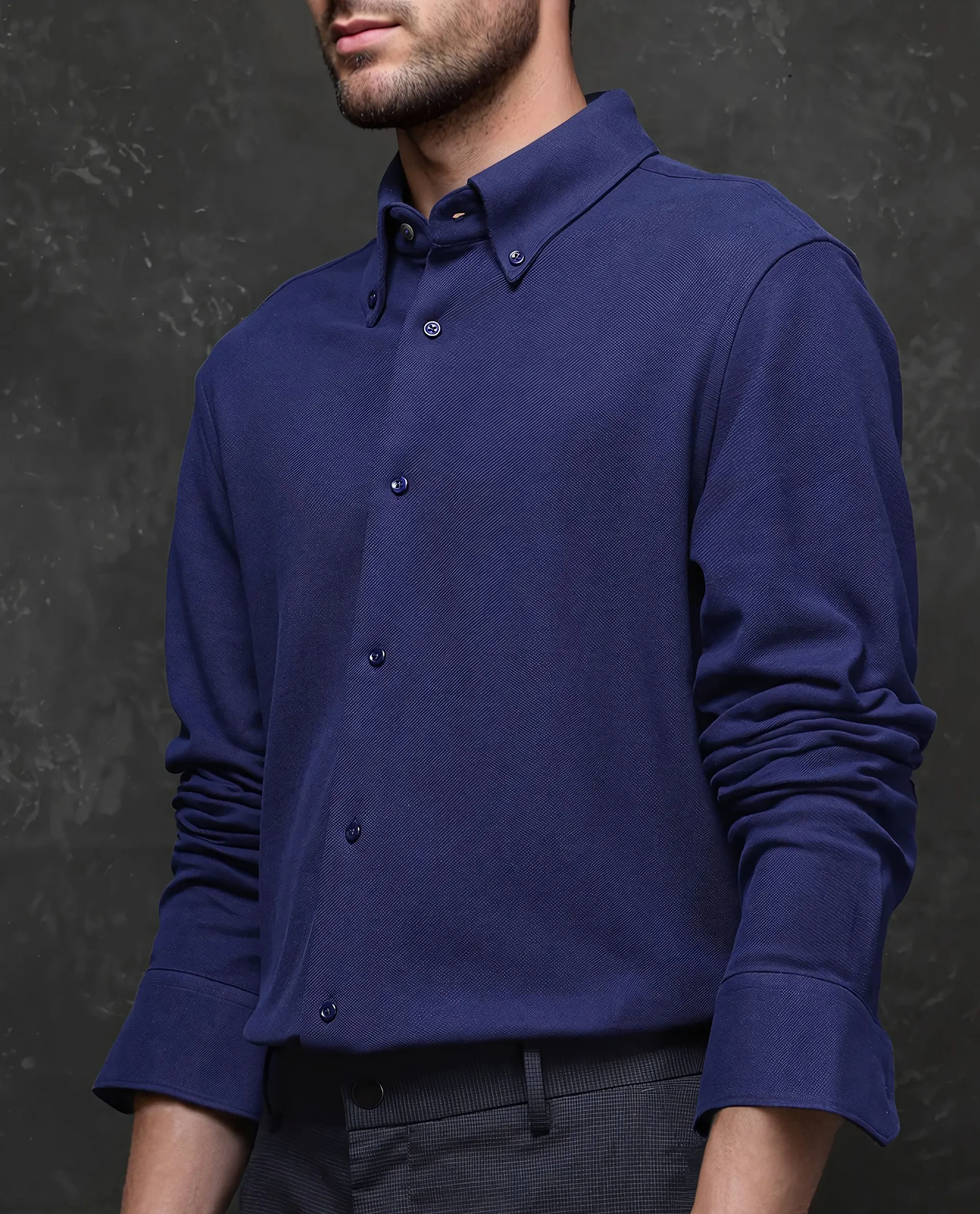 Rare Rabbit Men's Vane Dark Blue Cotton Plain Regular Fit Full Sleeve Button-Down Collar Shirt - Image 3