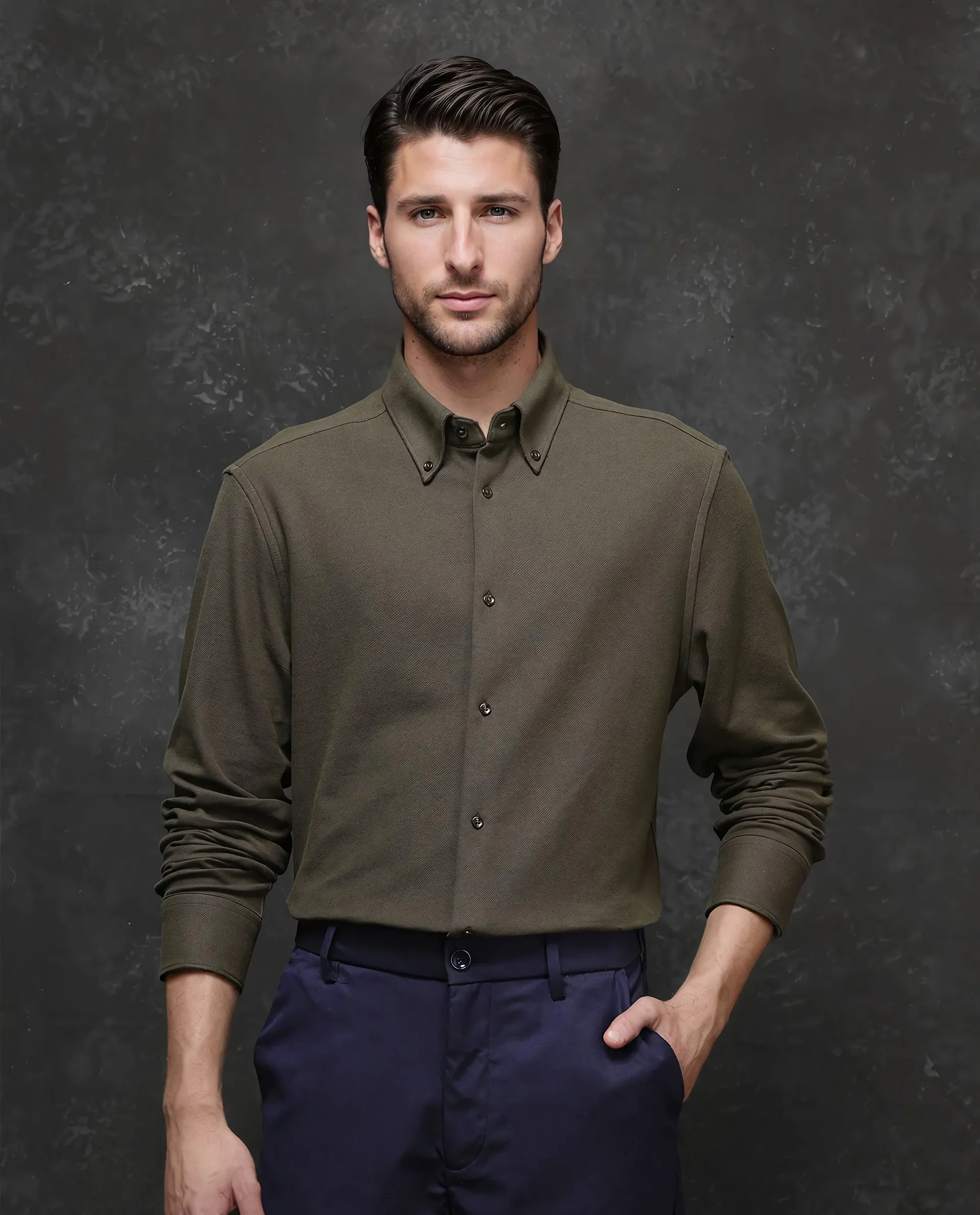 Rare Rabbit Men's Vane Dark Olive Cotton Plain Regular Fit Full Sleeve Button-Down Collar Shirt