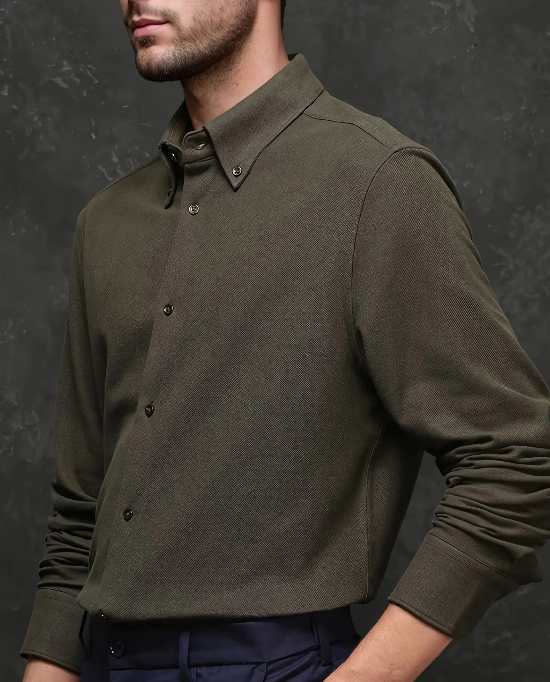 Rare Rabbit Men's Vane Dark Olive Cotton Plain Regular Fit Full Sleeve Button-Down Collar Shirt - Image 3
