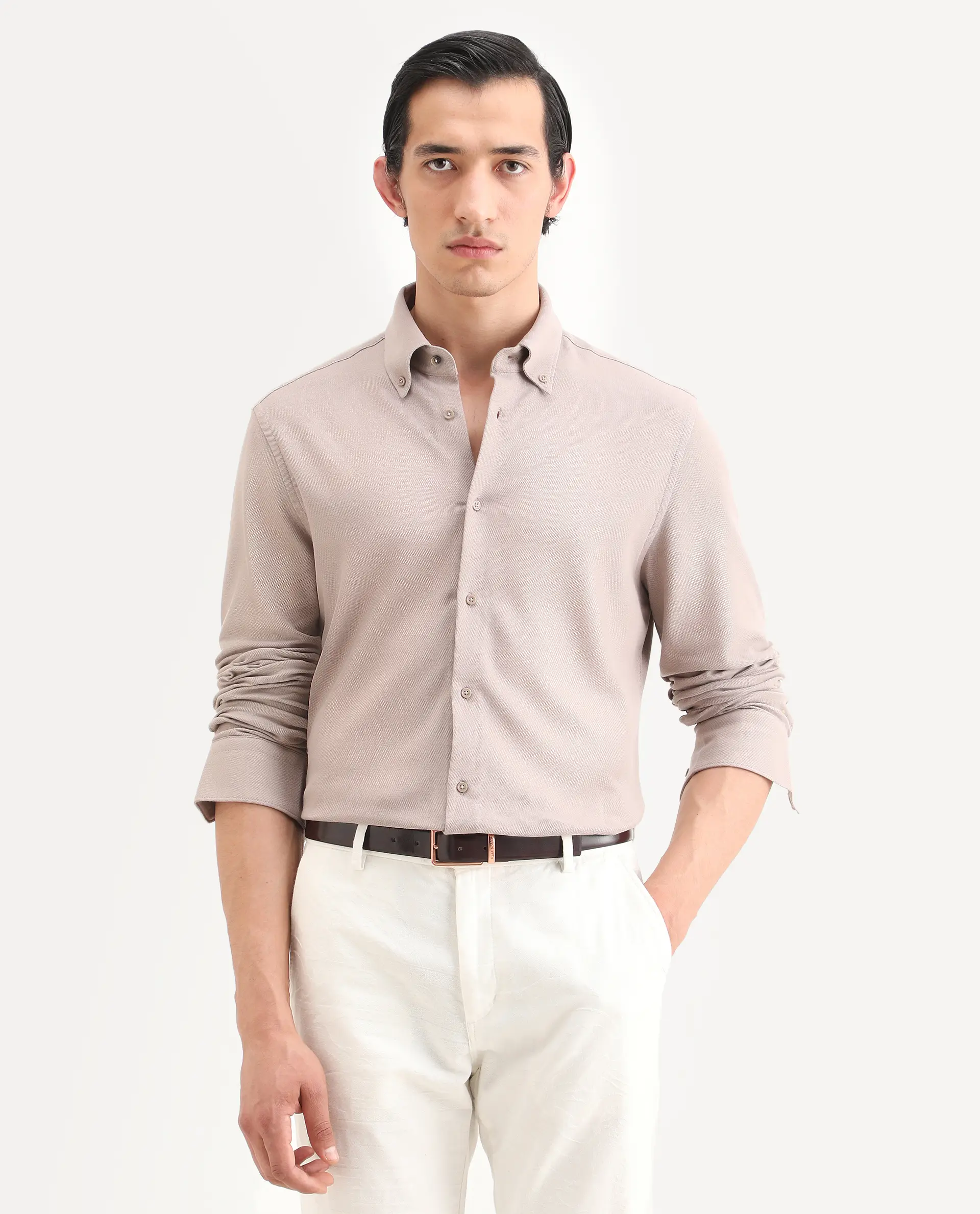 Rare Rabbit Men's Vane-Ss26 Beige Cotton Fabric Full Sleeve Regular Fit Plain Shirt - Image 3