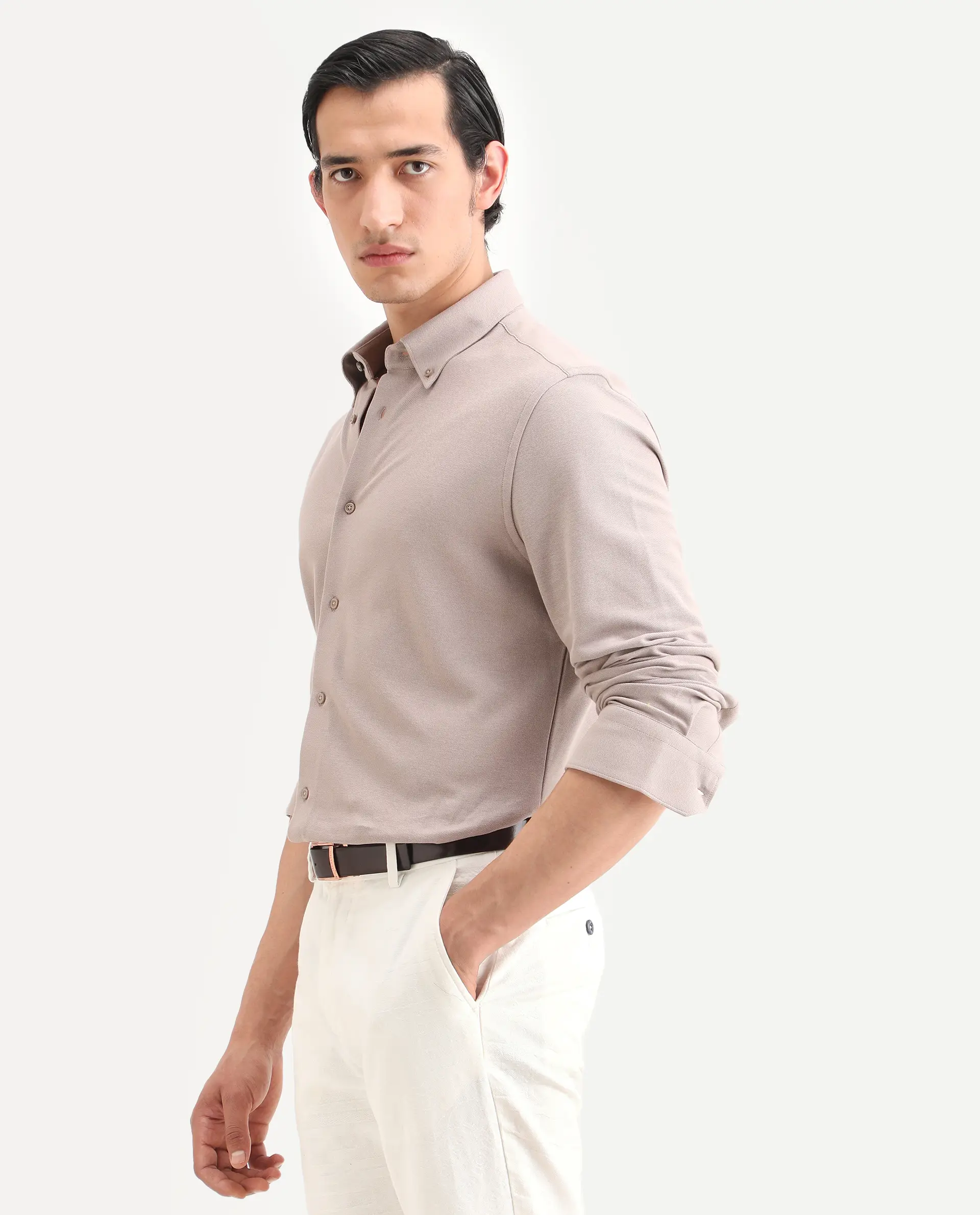 Rare Rabbit Men's Vane-Ss26 Beige Cotton Fabric Full Sleeve Regular Fit Plain Shirt - Image 4