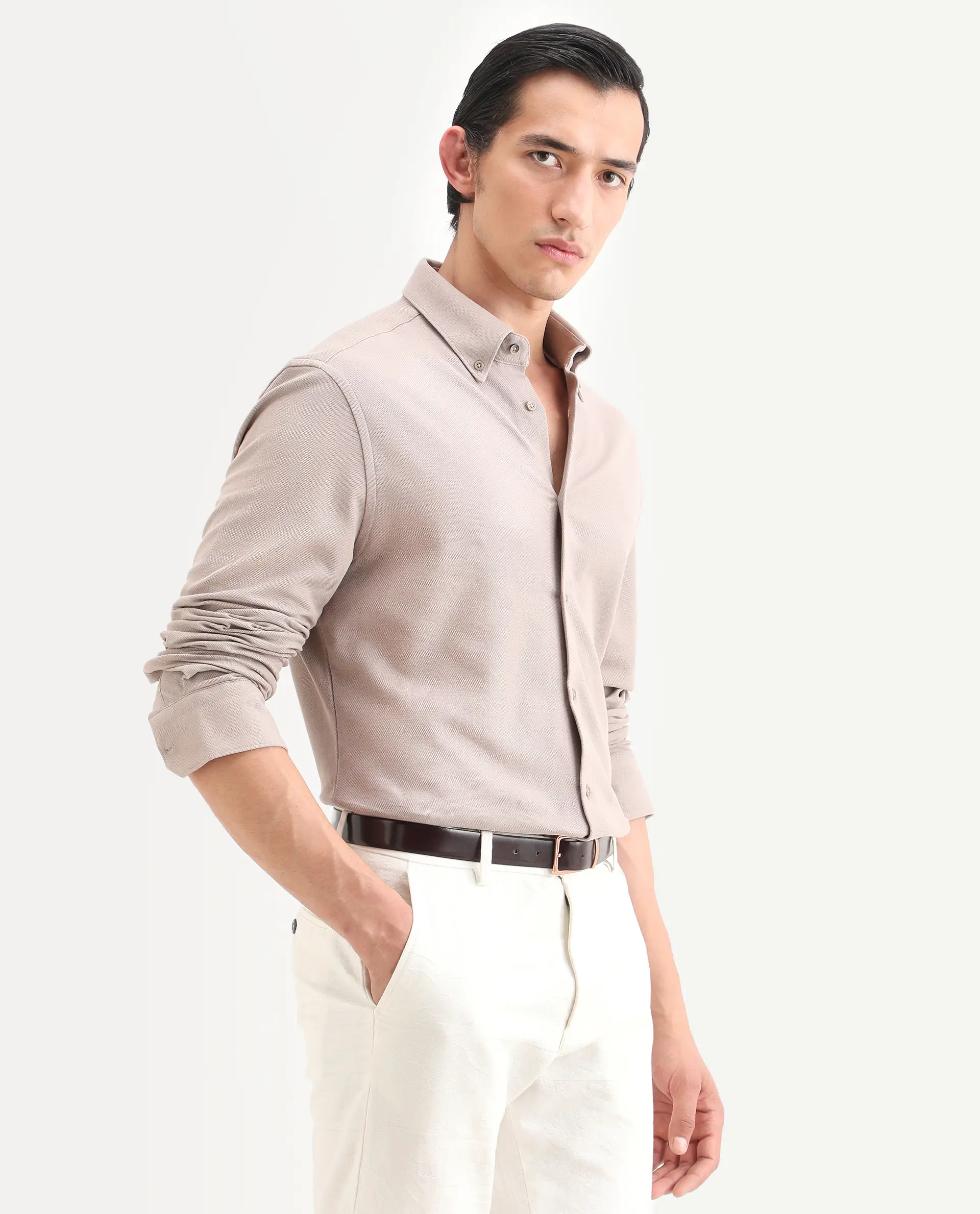 Rare Rabbit Men's Vane-Ss26 Beige Cotton Fabric Full Sleeve Regular Fit Plain Shirt - Image 5