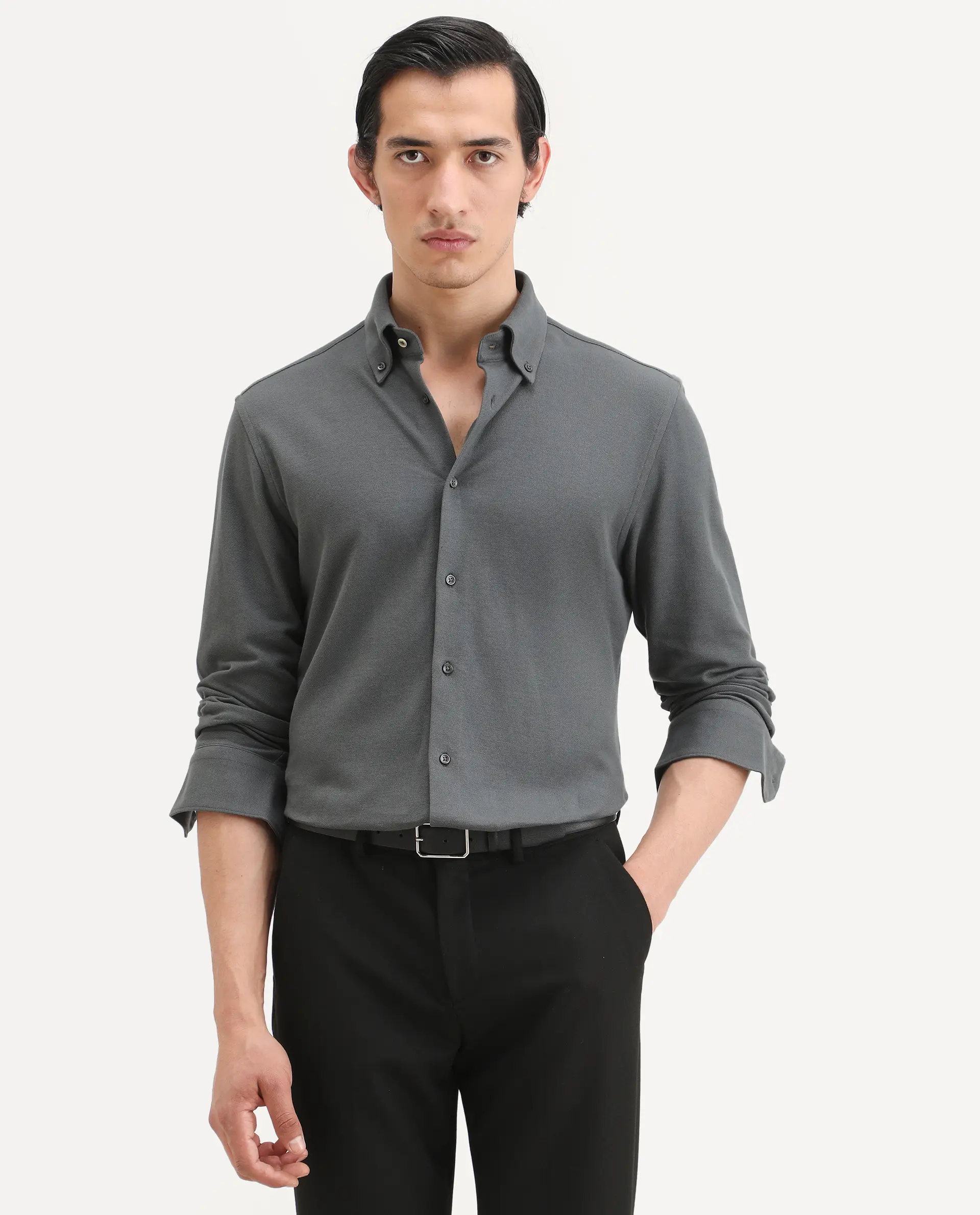 Rare Rabbit Men's Vane-Ss26 Dark Grey Cotton Fabric Full Sleeve Regular Fit Plain Shirt - Image 4
