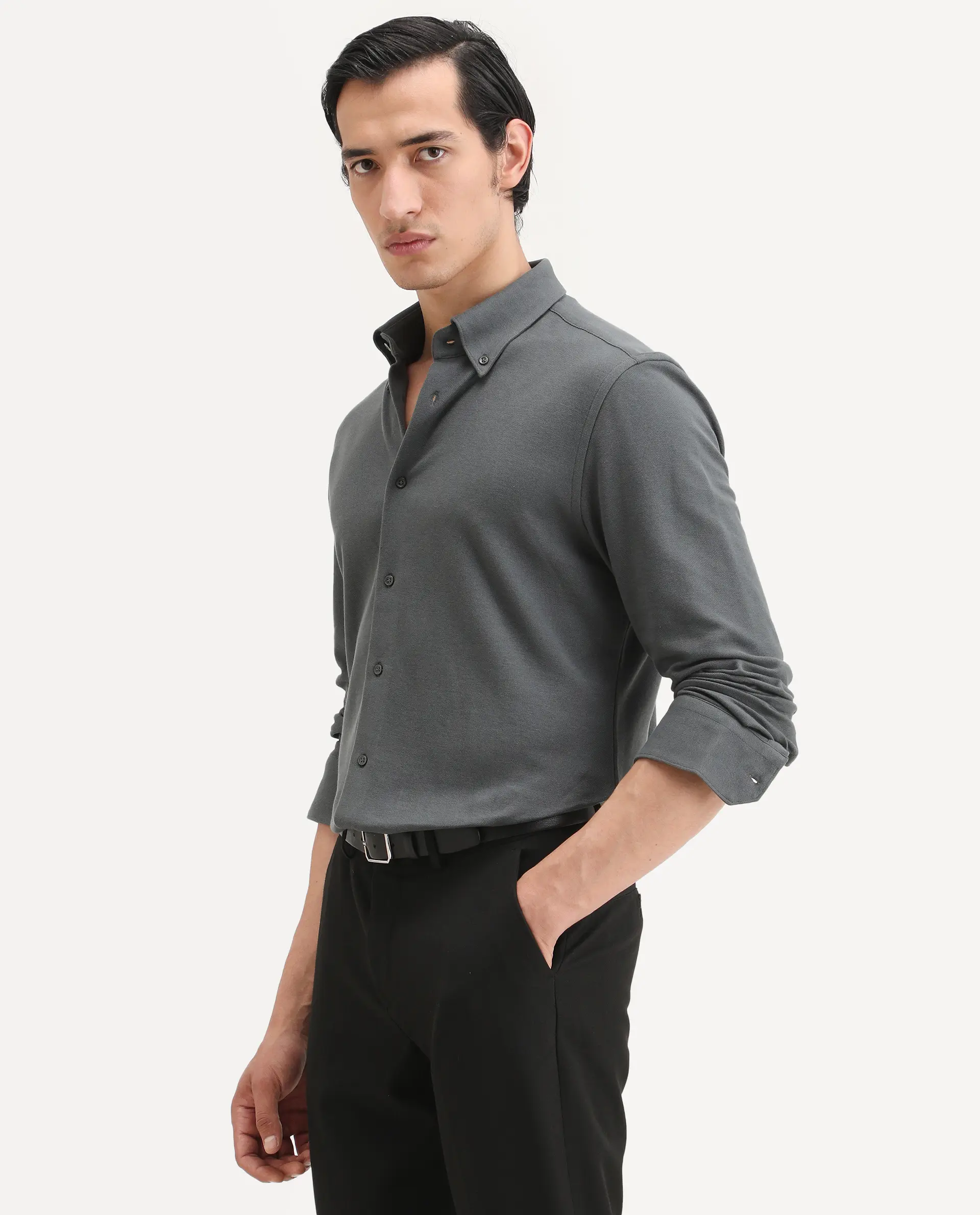 Rare Rabbit Men's Vane-Ss26 Dark Grey Cotton Fabric Full Sleeve Regular Fit Plain Shirt - Image 5