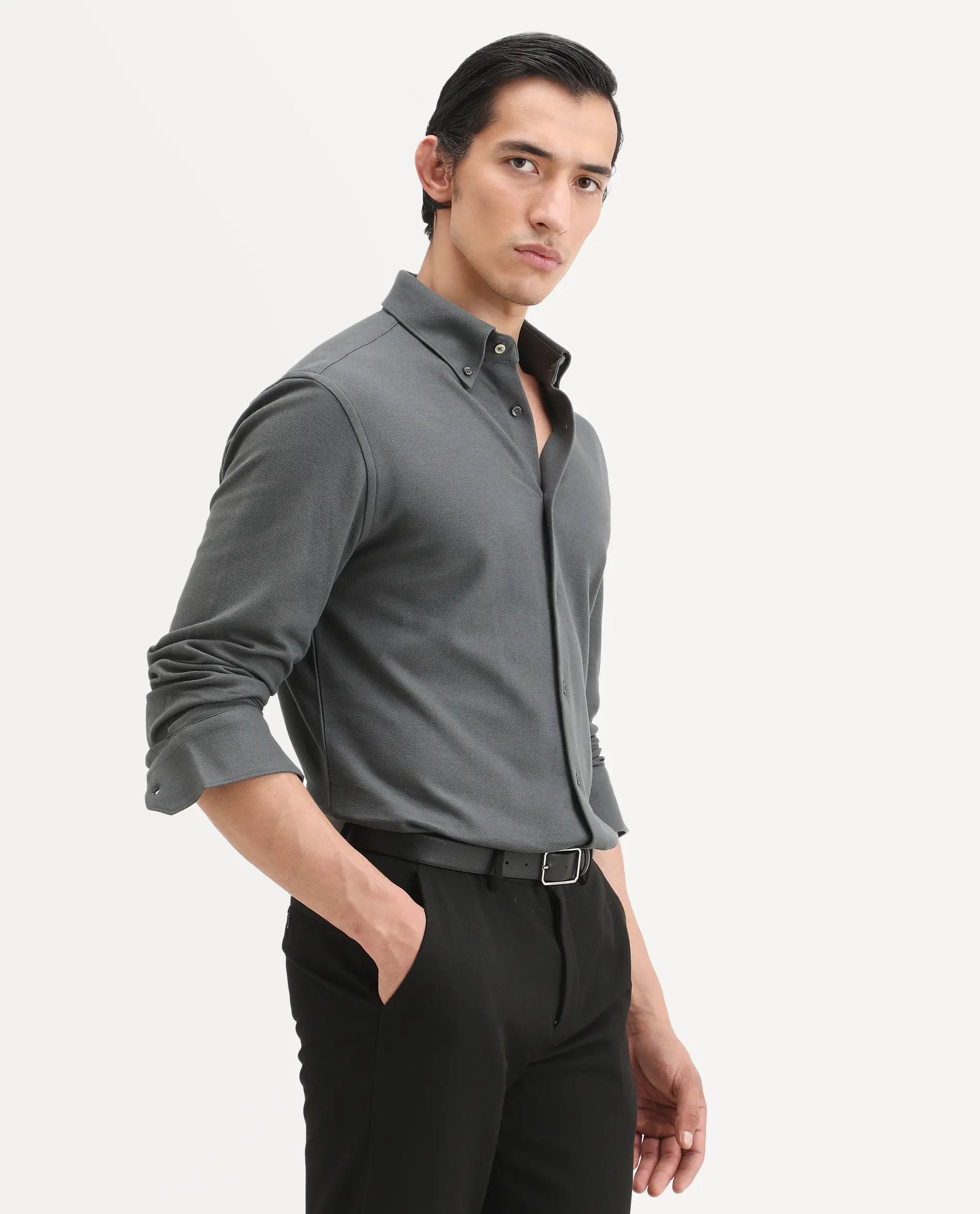 Rare Rabbit Men's Vane-Ss26 Dark Grey Cotton Fabric Full Sleeve Regular Fit Plain Shirt - Image 6