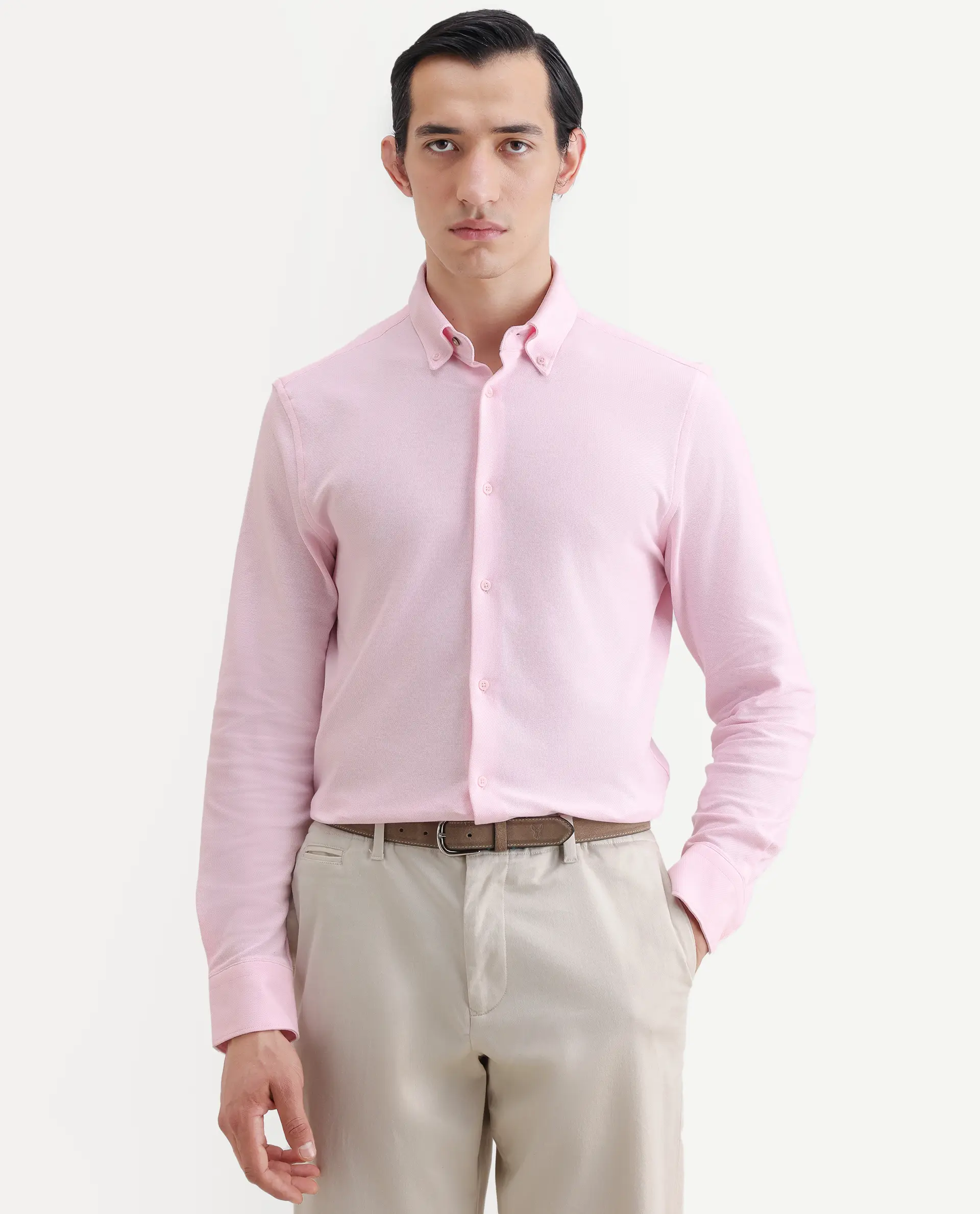 Rare Rabbit Men's Vane-Ss26 Light Pink Cotton Fabric Full Sleeve Regular Fit Plain Shirt