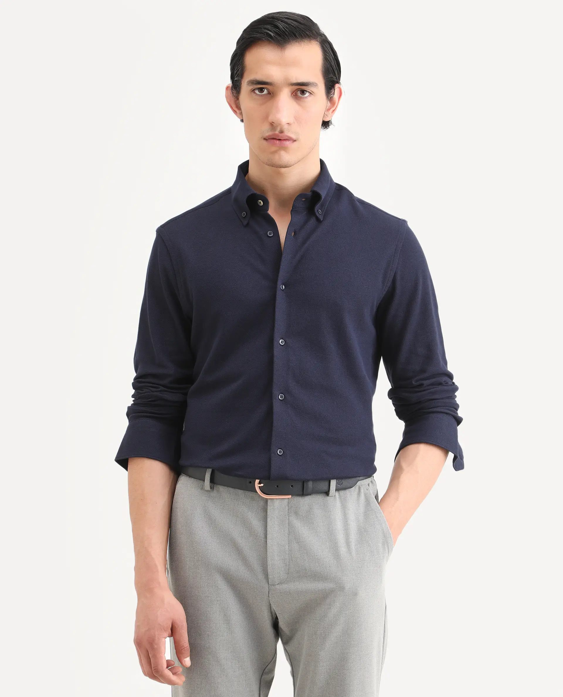 Rare Rabbit Men's Vane-Ss26 Navy Cotton Fabric Full Sleeve Regular Fit Plain Shirt - Image 4