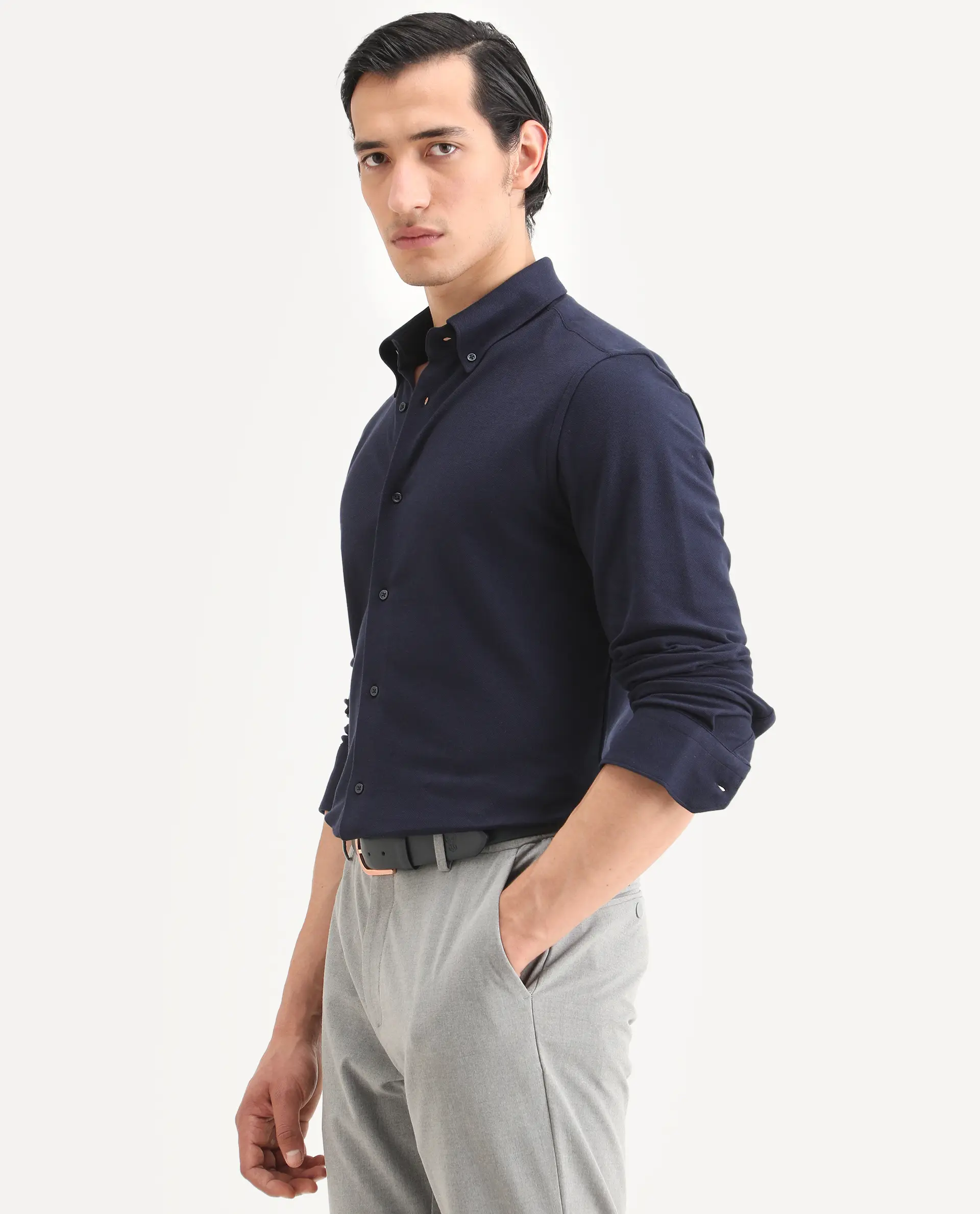 Rare Rabbit Men's Vane-Ss26 Navy Cotton Fabric Full Sleeve Regular Fit Plain Shirt - Image 5