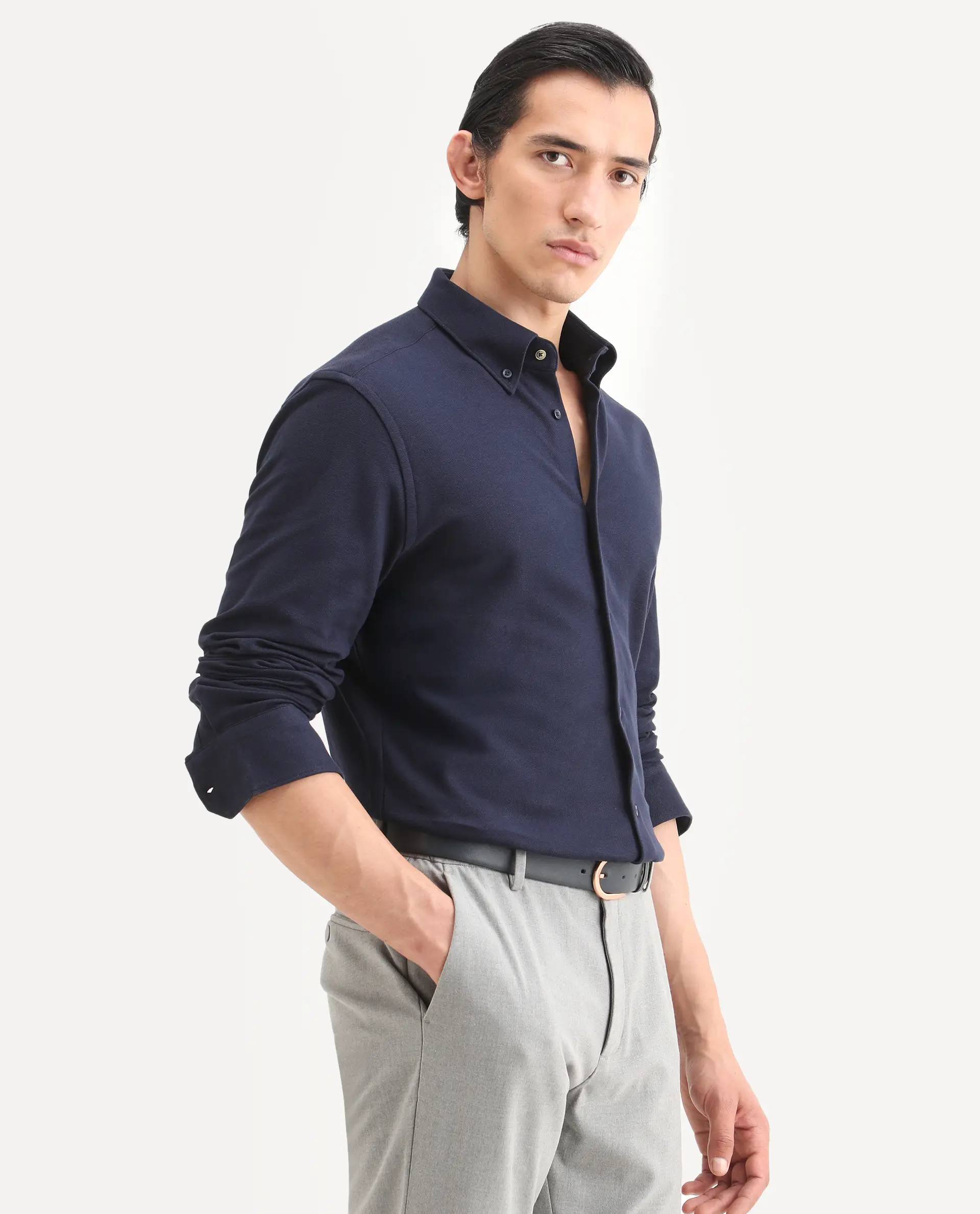 Rare Rabbit Men's Vane-Ss26 Navy Cotton Fabric Full Sleeve Regular Fit Plain Shirt - Image 6
