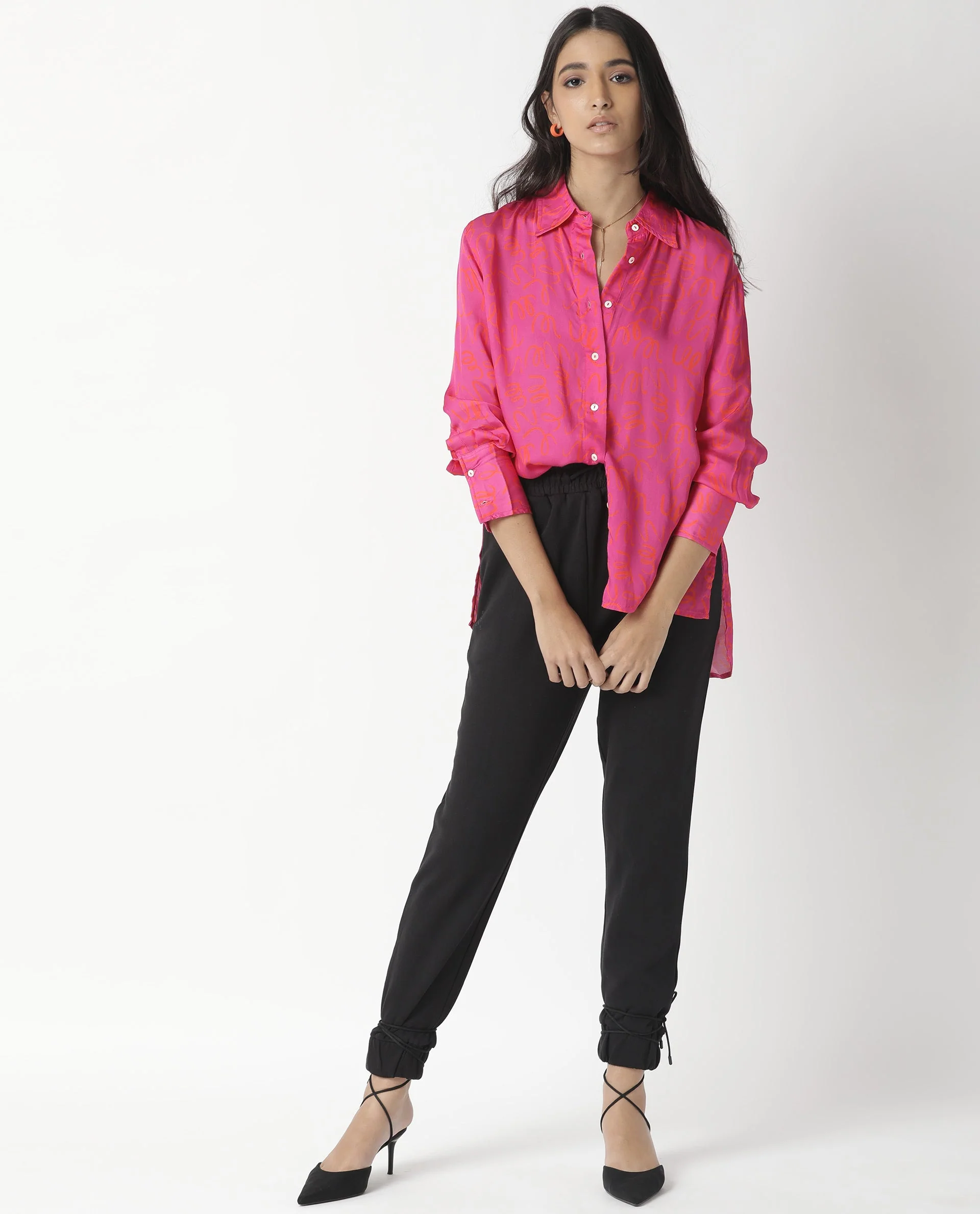 Rareism Womens Vani Pink Dress Modal Fabric Regular Fit Cuffed Sleeve Collared Neck - Image 12