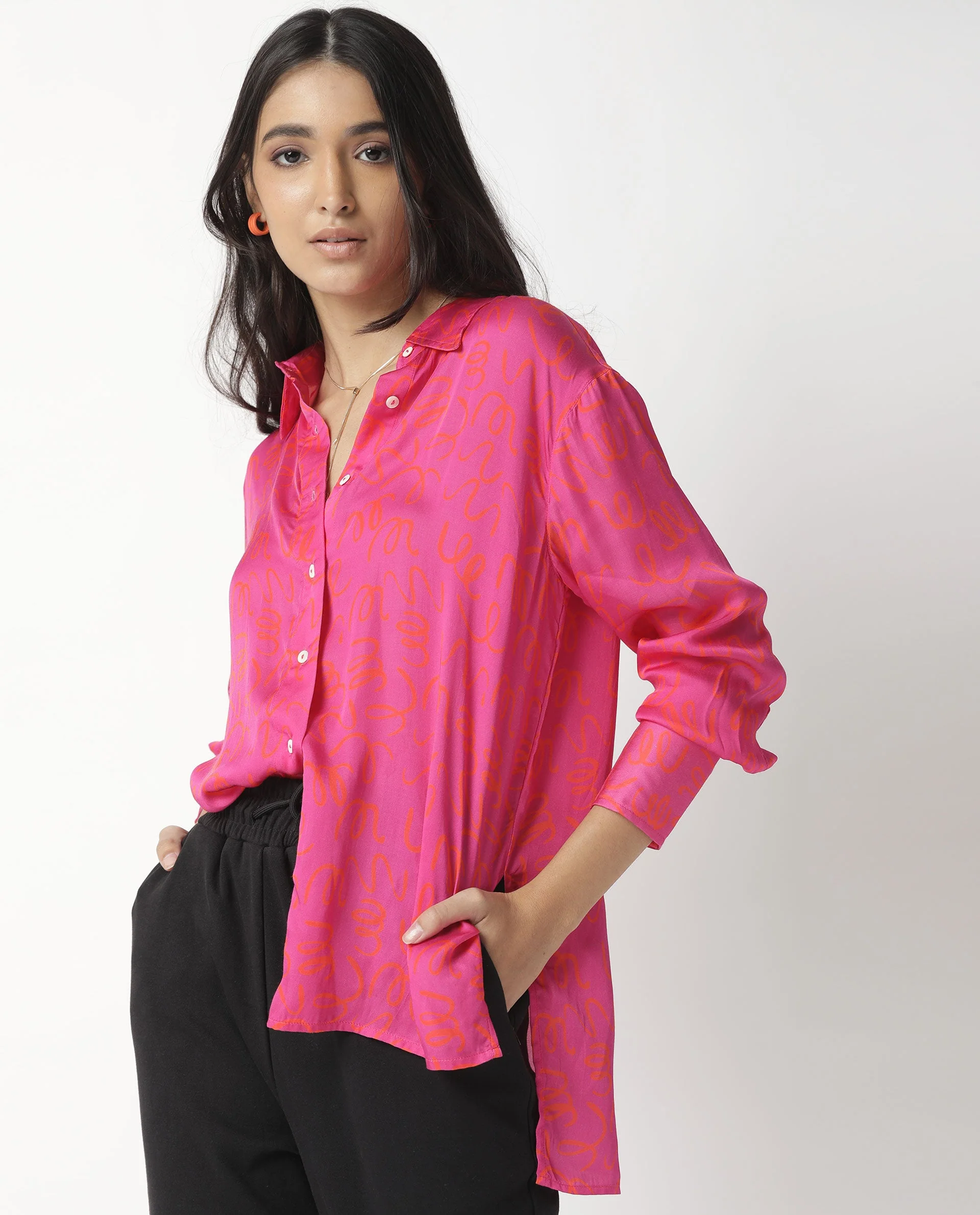 Rareism Womens Vani Pink Dress Modal Fabric Regular Fit Cuffed Sleeve Collared Neck - Image 14