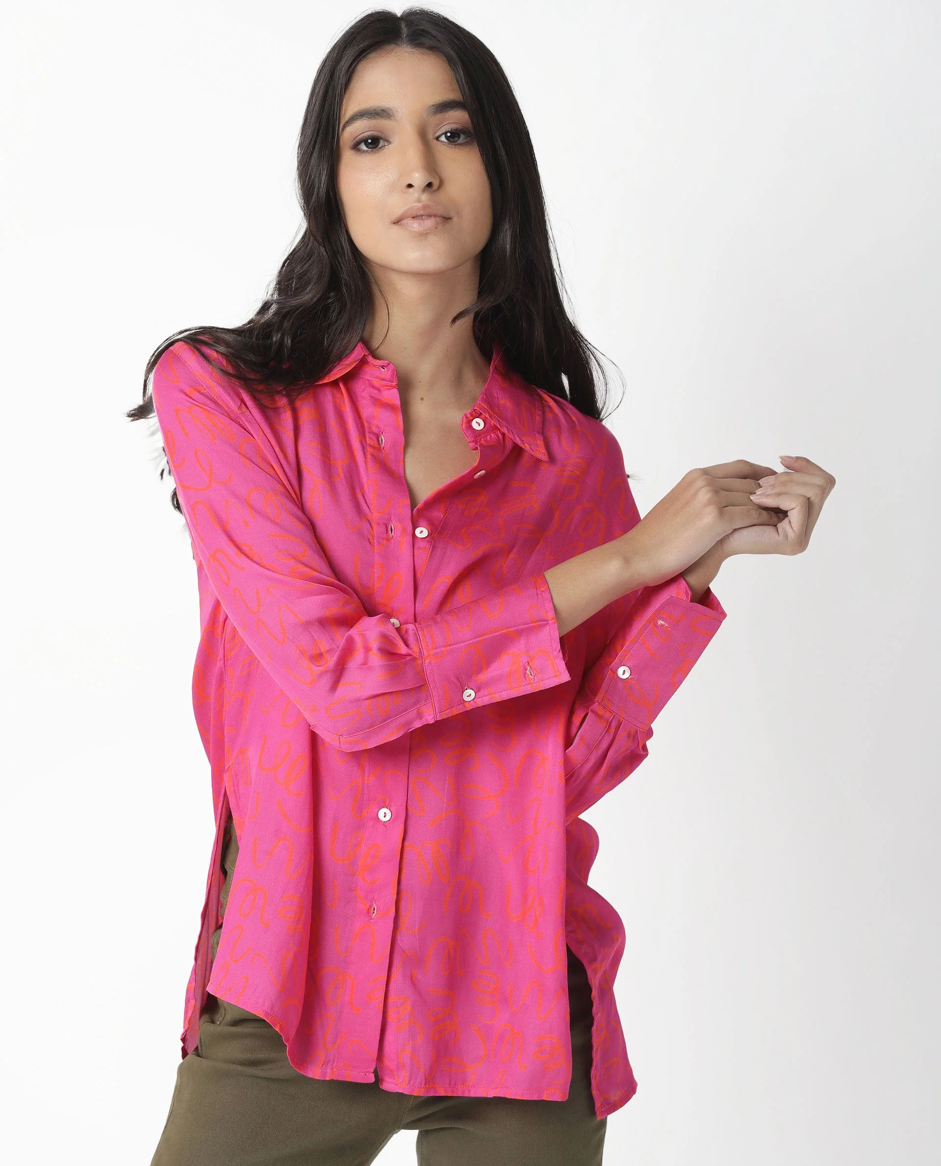 Rareism Womens Vani Pink Dress Modal Fabric Regular Fit Cuffed Sleeve Collared Neck - Image 2