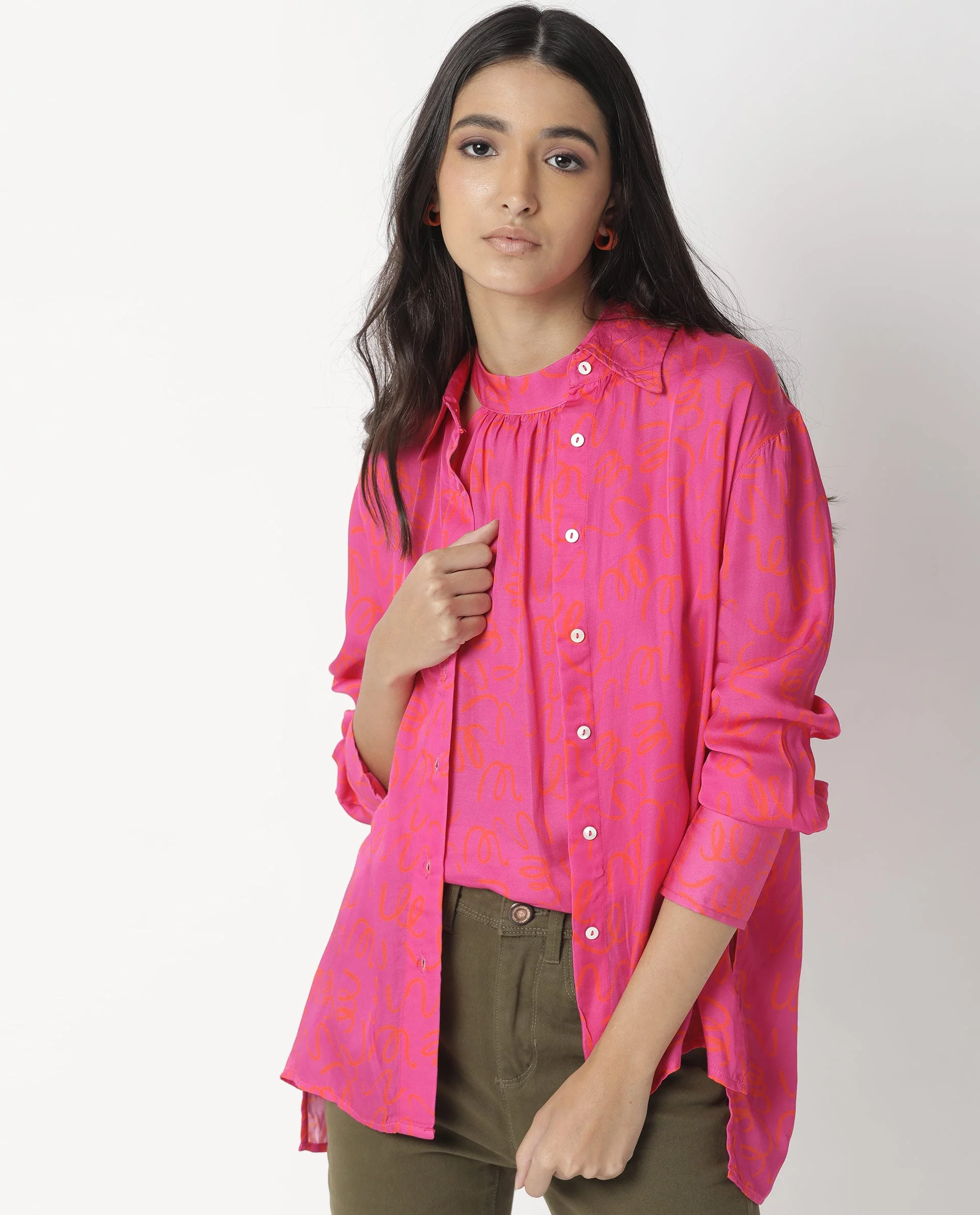 Rareism Womens Vani Pink Dress Modal Fabric Regular Fit Cuffed Sleeve Collared Neck - Image 4