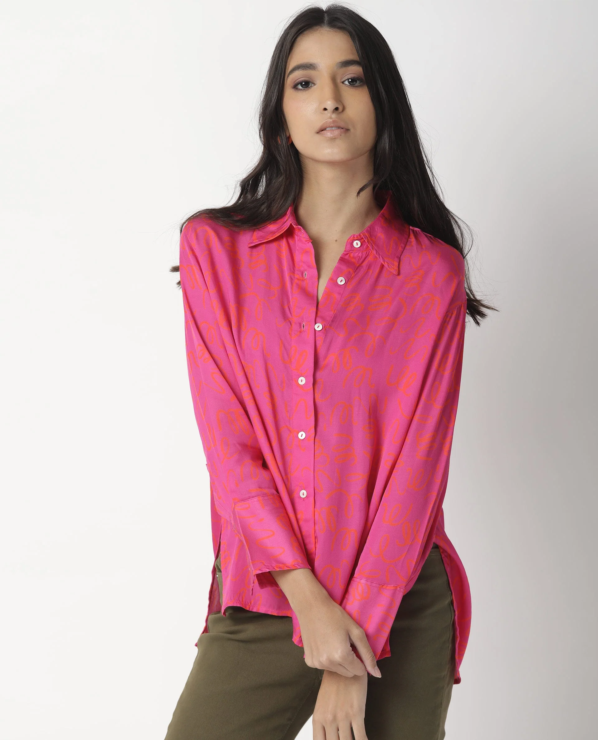 Rareism Womens Vani Pink Dress Modal Fabric Regular Fit Cuffed Sleeve Collared Neck - Image 5