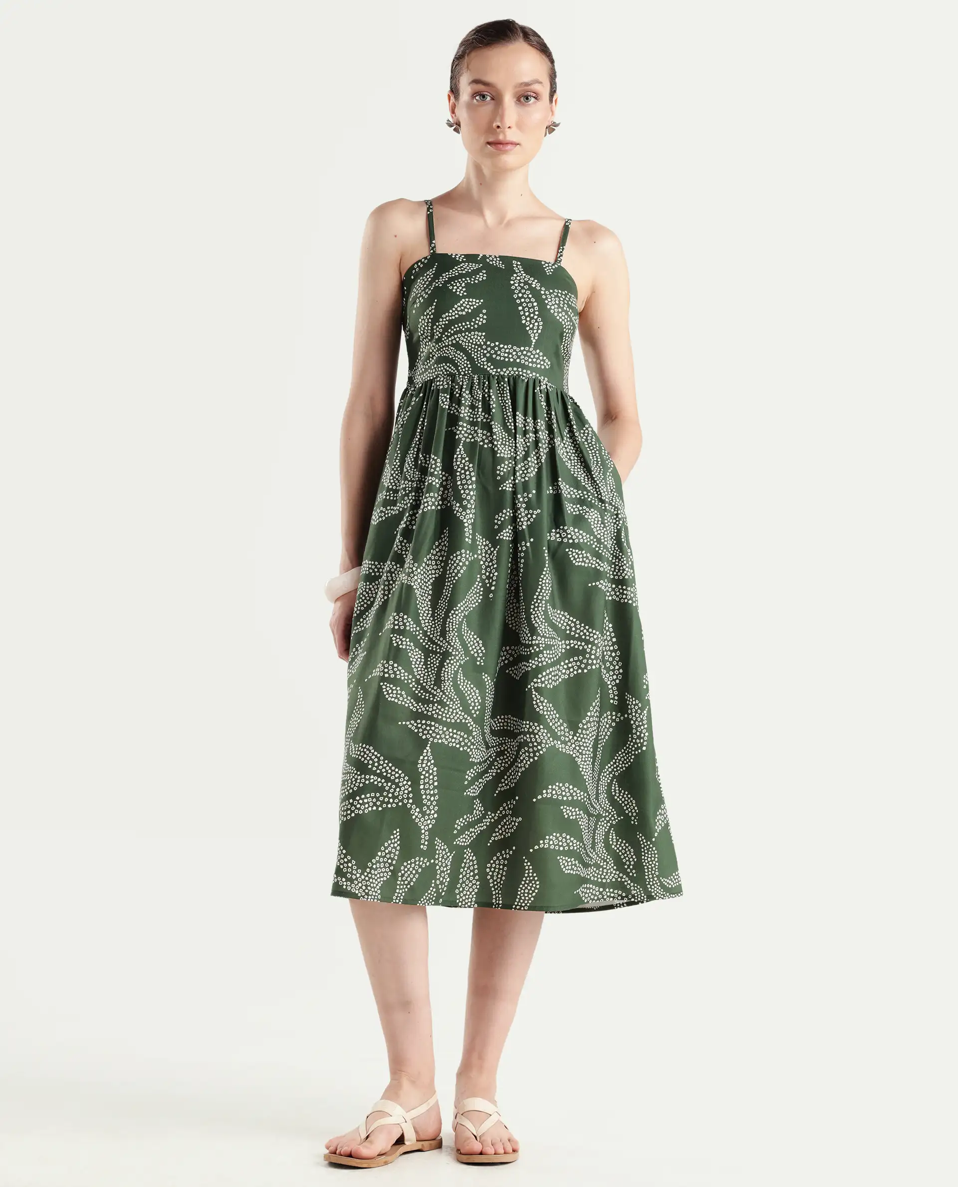 Rareism Women's Vanik Olive Polyester Sleeveless Fit And Flare Abstract Print Dress - Image 2