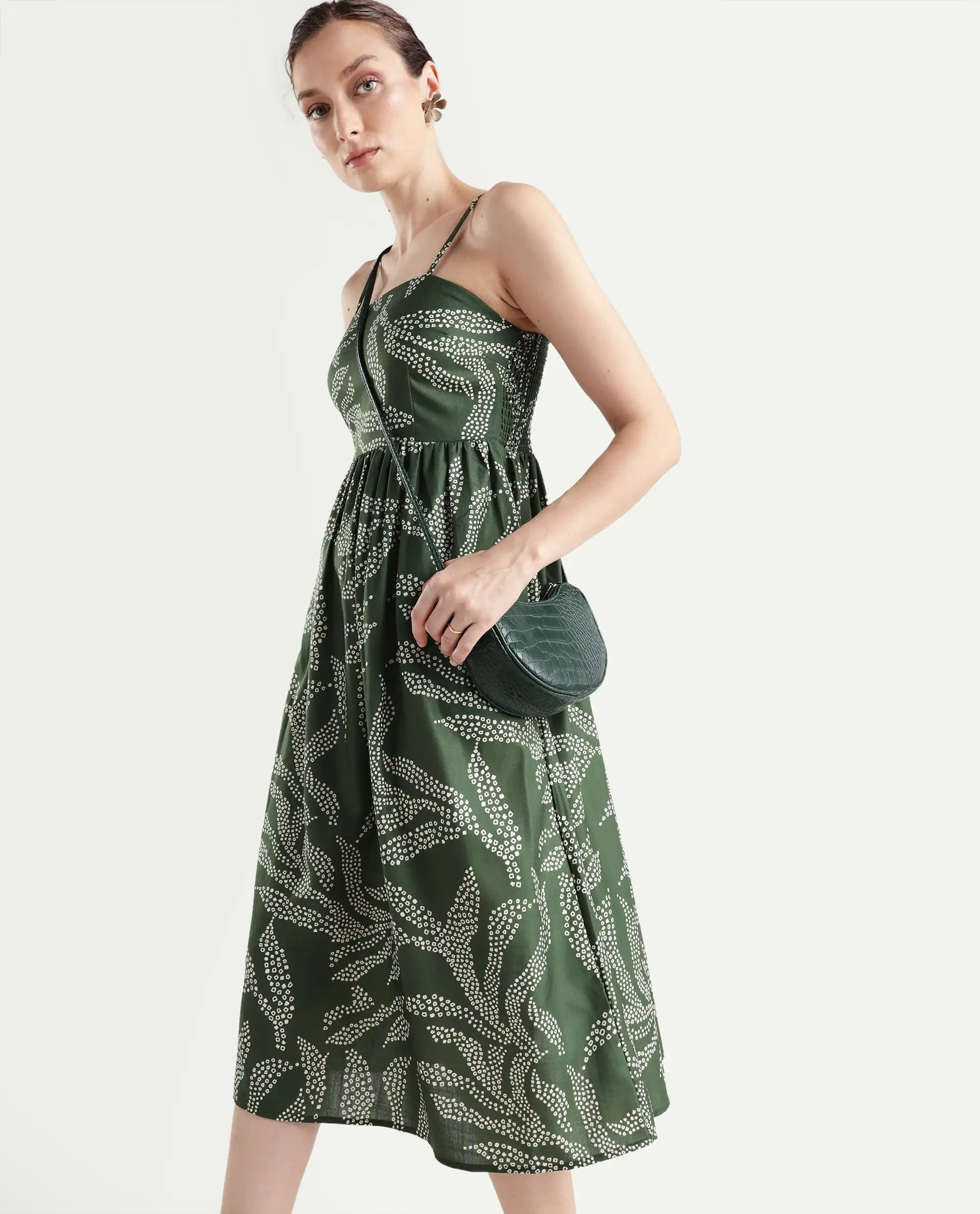 Rareism Women's Vanik Olive Polyester Sleeveless Fit And Flare Abstract Print Dress - Image 3