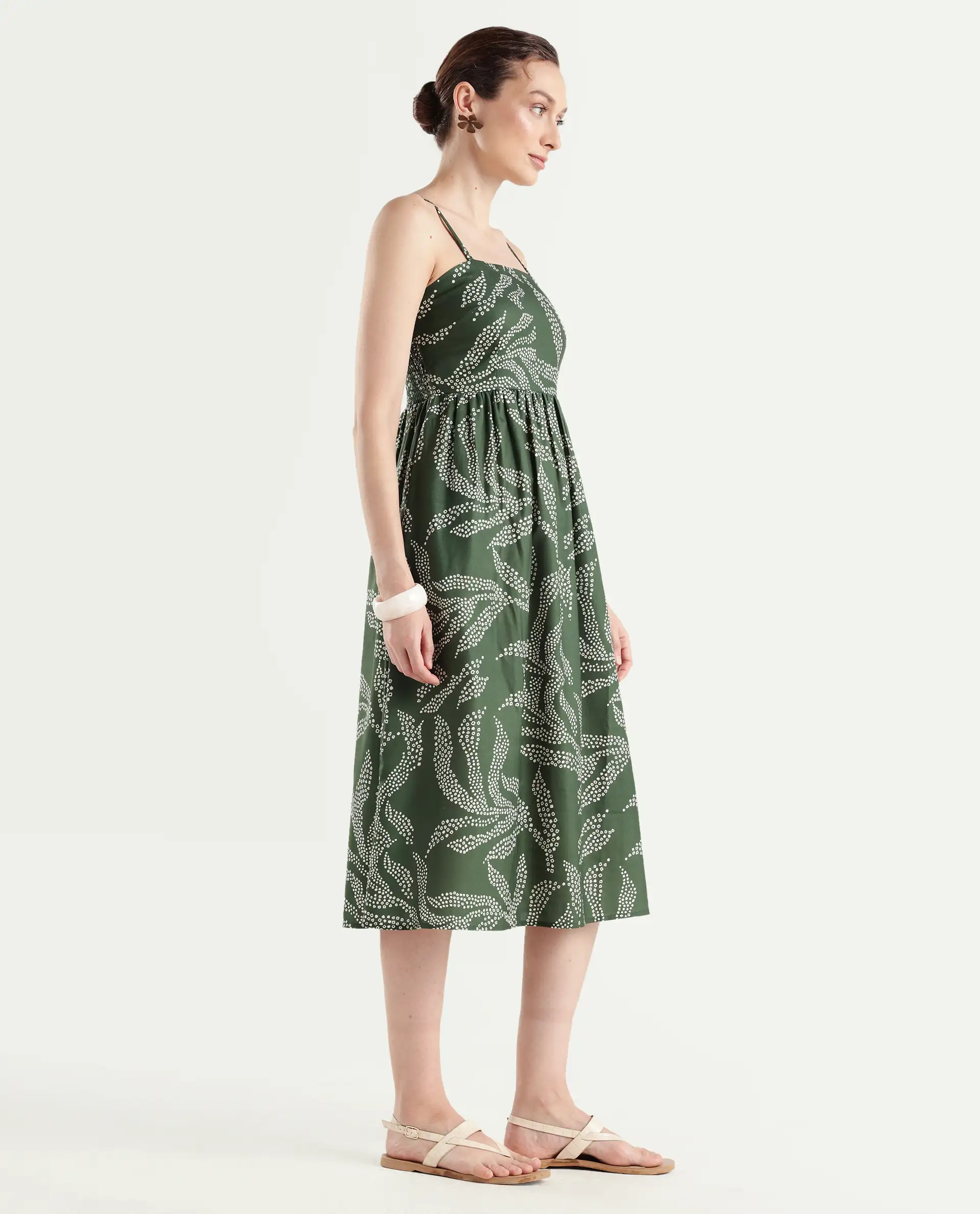 Rareism Women's Vanik Olive Polyester Sleeveless Fit And Flare Abstract Print Dress - Image 5