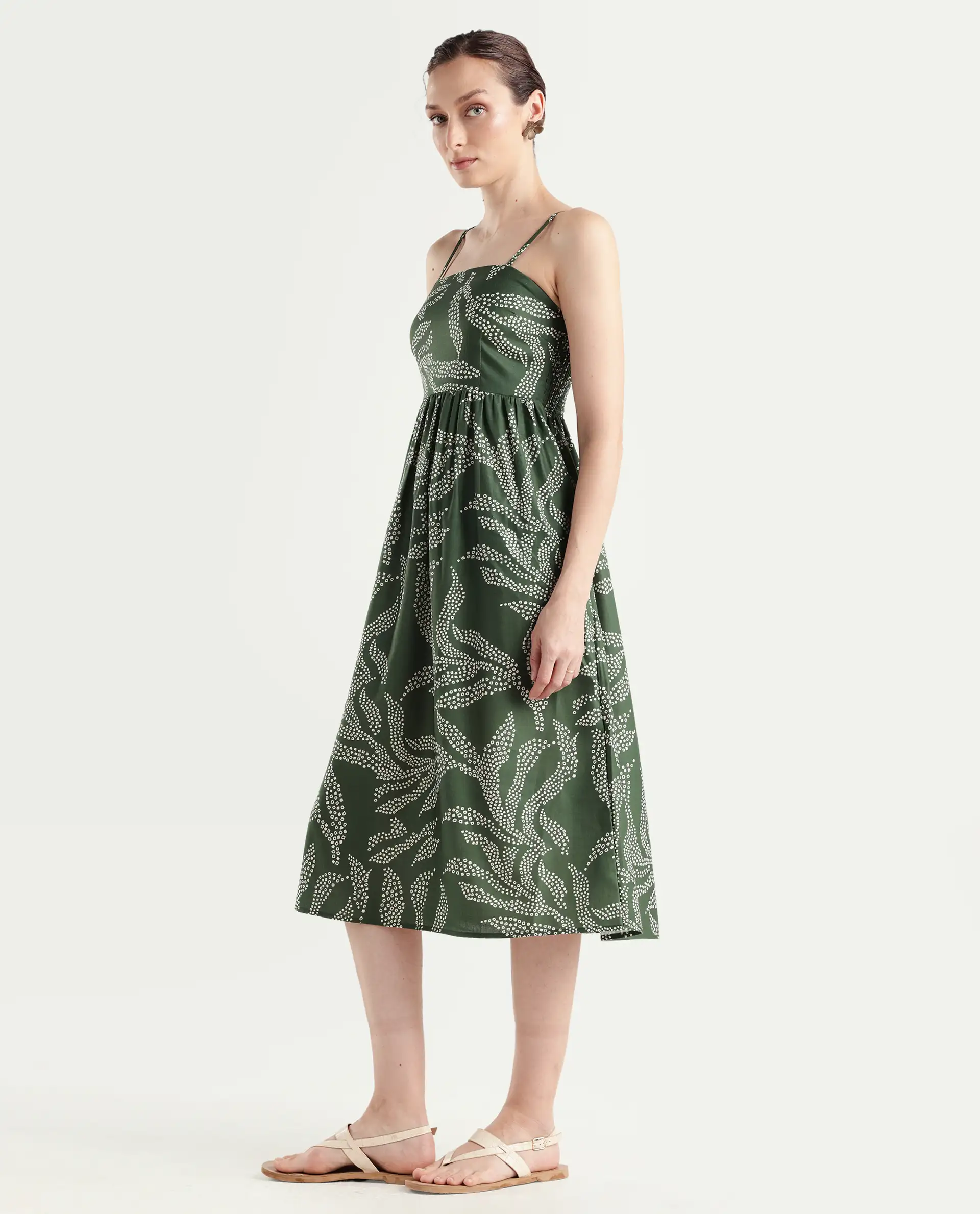 Rareism Women's Vanik Olive Polyester Sleeveless Fit And Flare Abstract Print Dress - Image 6