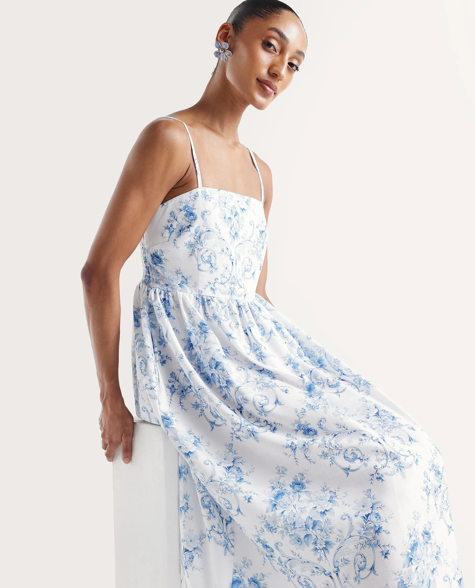 Rareism Women's Vaniko Light Blue Polyester Tube Neck Fit And Flare Floral Print Dress